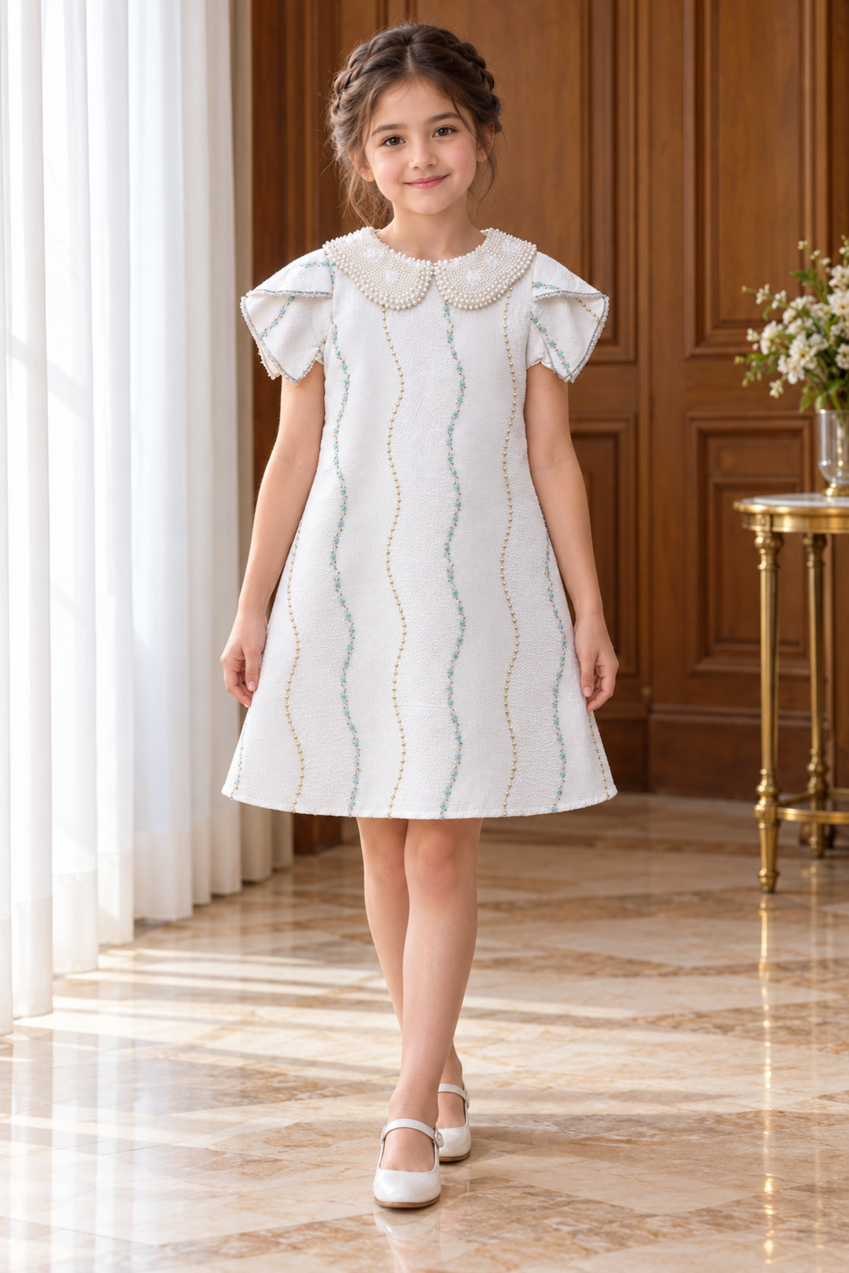 Girls' White Wavy Striped Collar Pearl Embellished Occasion Dress