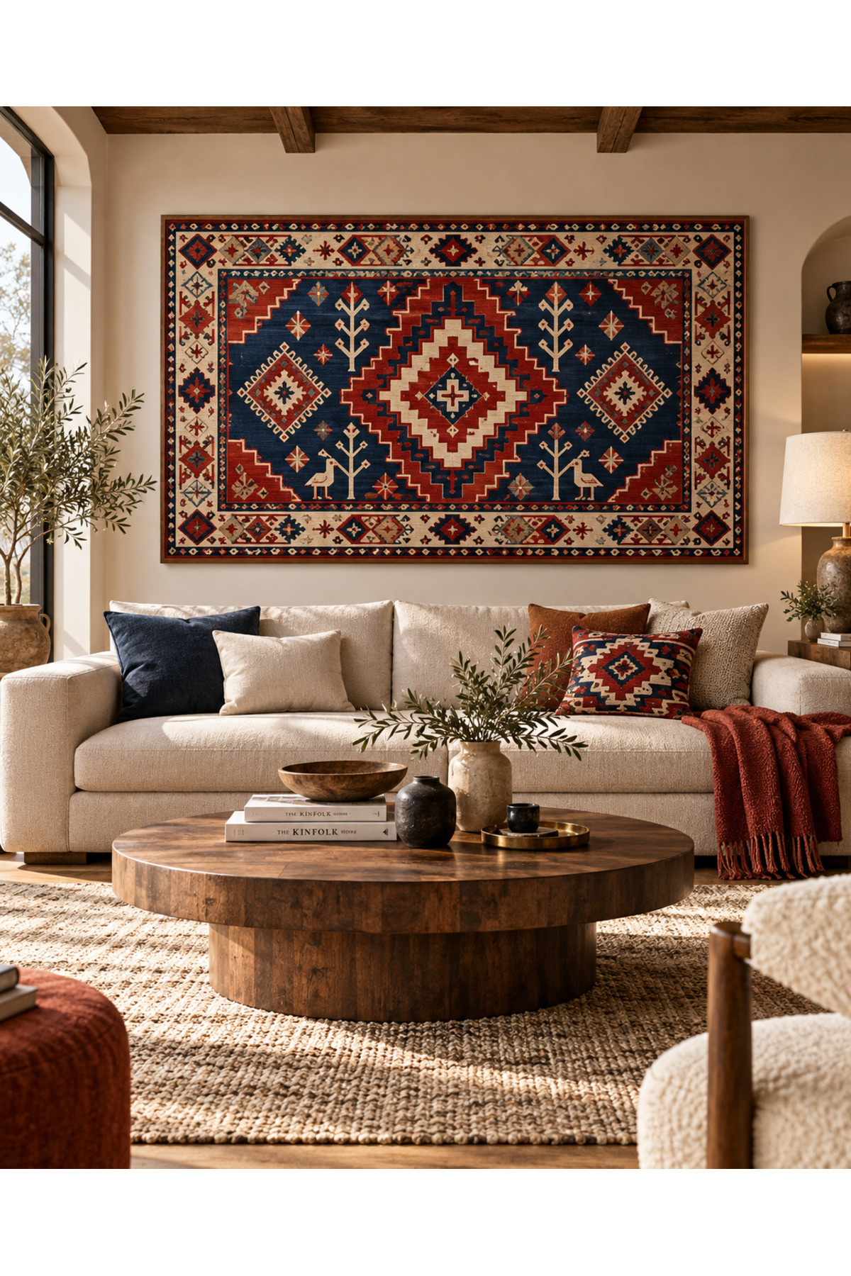 Çerçevesiz MDF Tablo Geleneksel Türk Kilim Desenli Etnik Motifli Lacivert Kırmızı Dekoratif Duvar Tablosu Modern Salon ve Oturma Odası Dekorasyonu