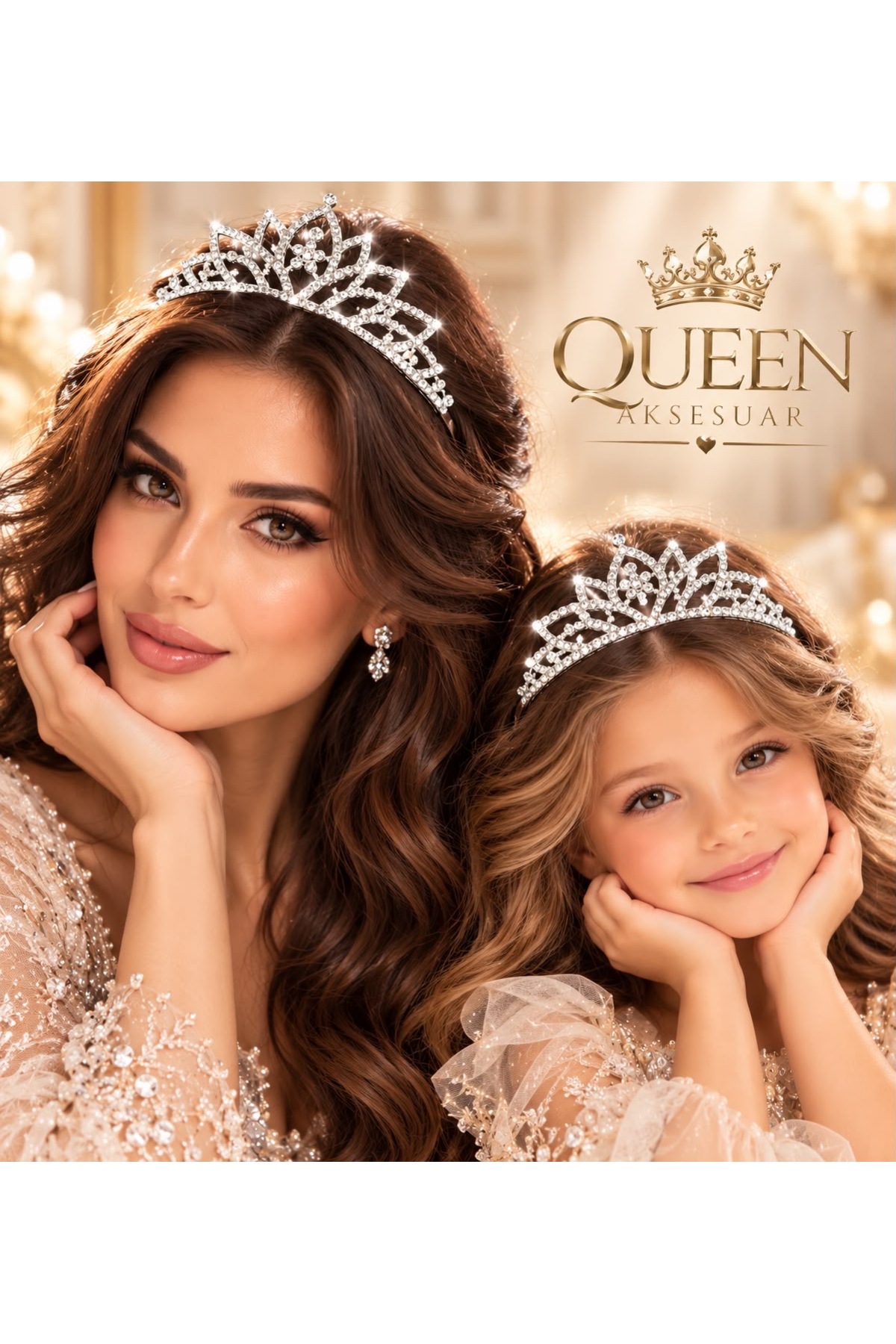 QUEEN AKSESUAR Luxurious Crystal Pearl Stone Peak Motif Tiara
