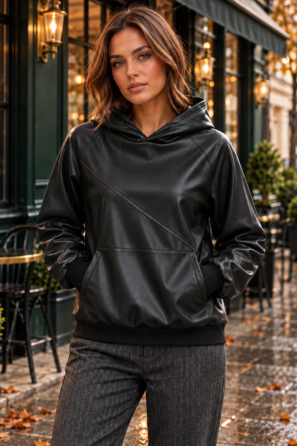 Kadın Uzun Kollu Kapüşonlu Kanguru Cepli Şardonlu Deri Sweatshirt Rahat Kesim Günlük Şık Model