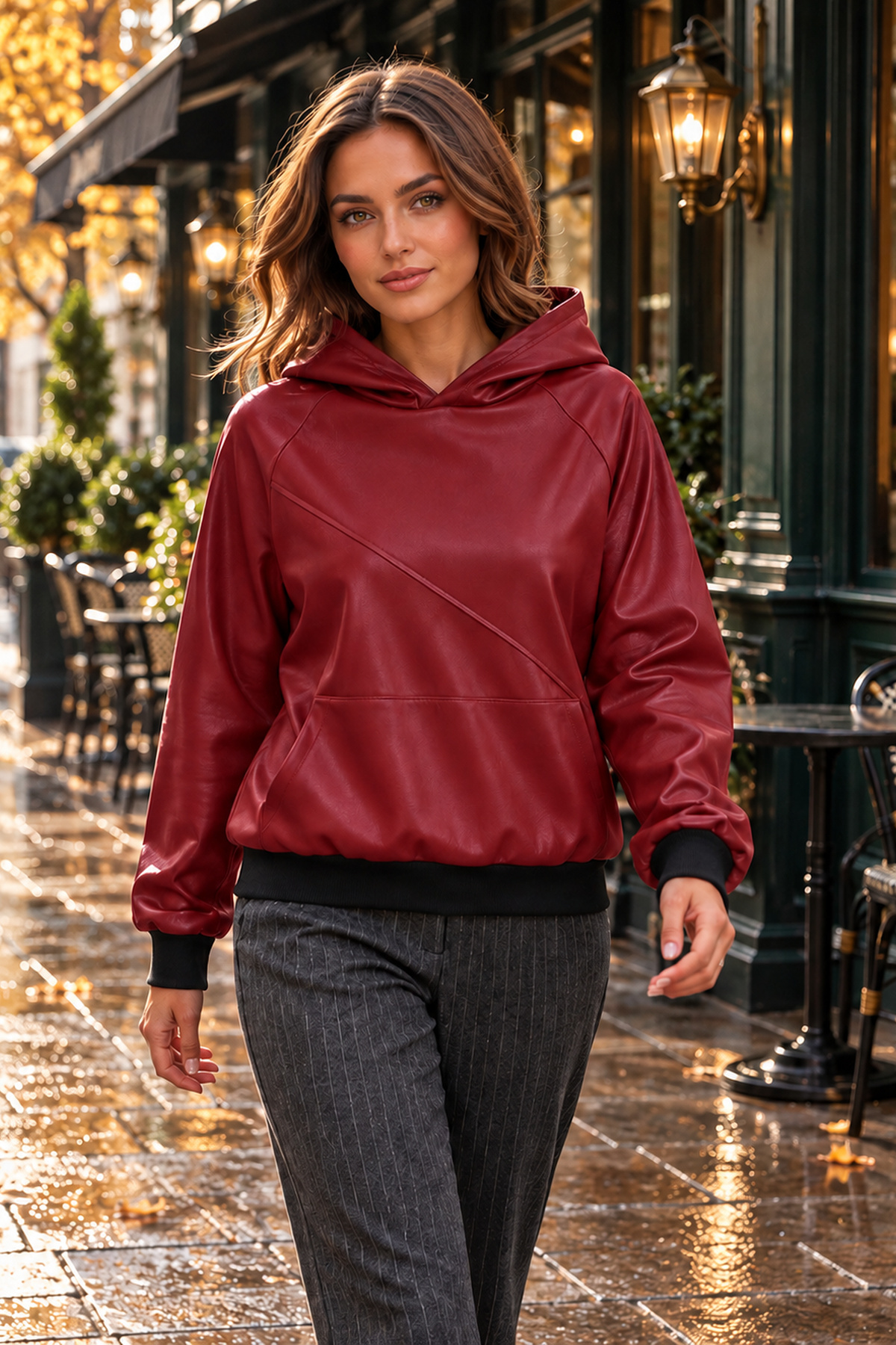 Kadın Uzun Kollu Kapüşonlu Kanguru Cepli Şardonlu Deri Sweatshirt Rahat Kesim Günlük Şık Model