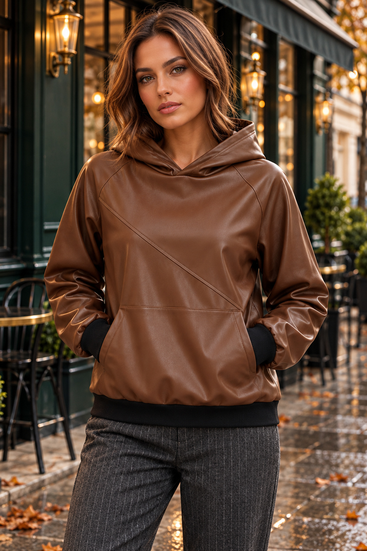 Kadın Uzun Kollu Kapüşonlu Kanguru Cepli Şardonlu Deri Sweatshirt Rahat Kesim Günlük Şık Model