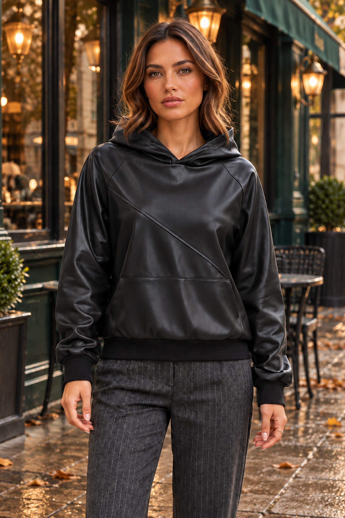 Kadın Uzun Kollu Kapüşonlu Kanguru Cepli Şardonlu Deri Sweatshirt Rahat Kesim Günlük Şık Model