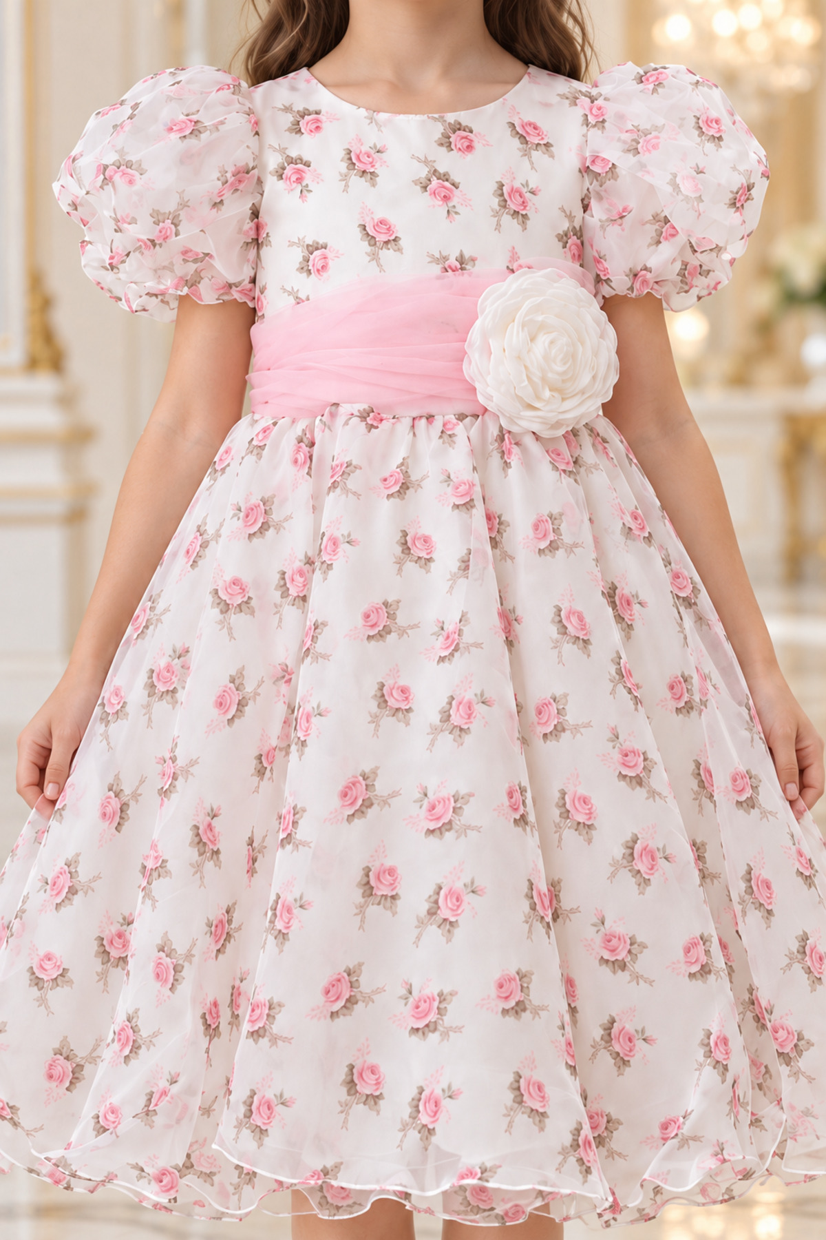 Girls White Floral Print Dress with Puffy Sleeves and Pink Belt