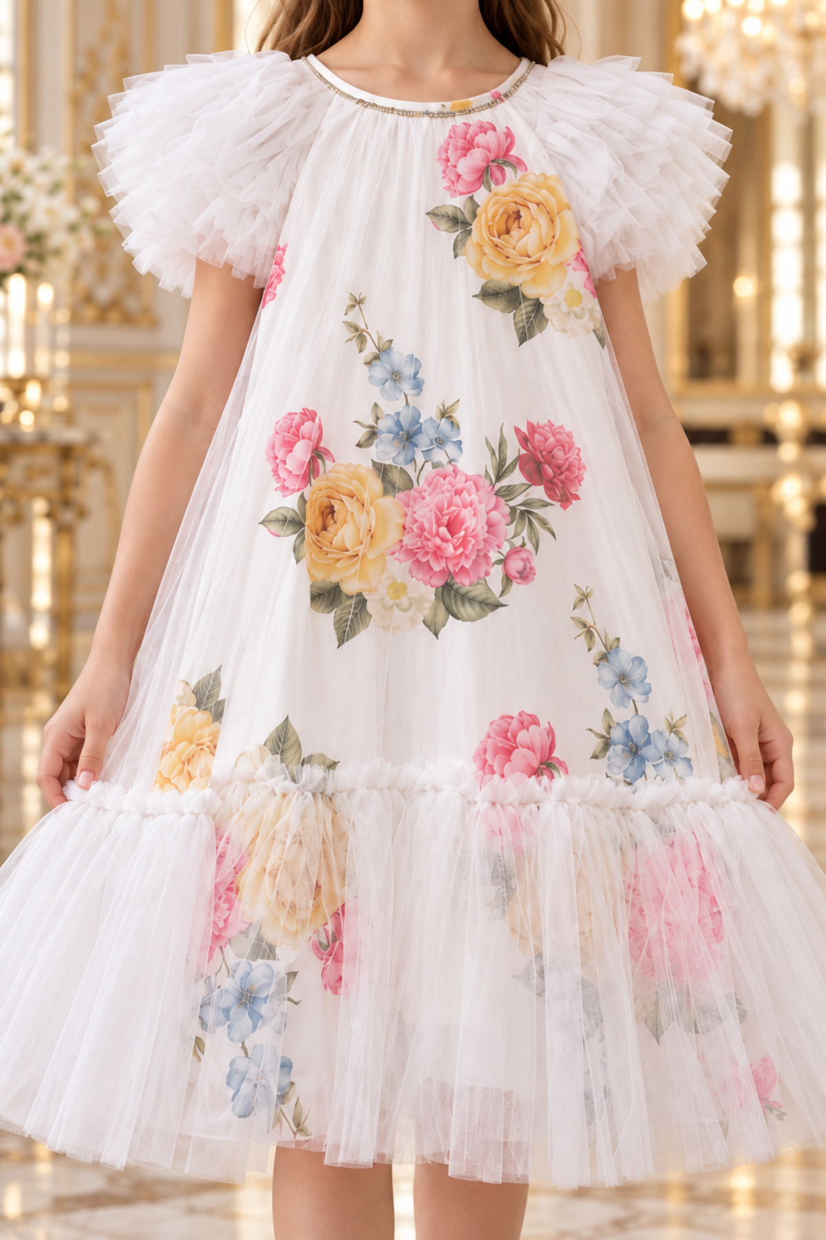 Girls' White Floral Dress with Tulle Ruffles