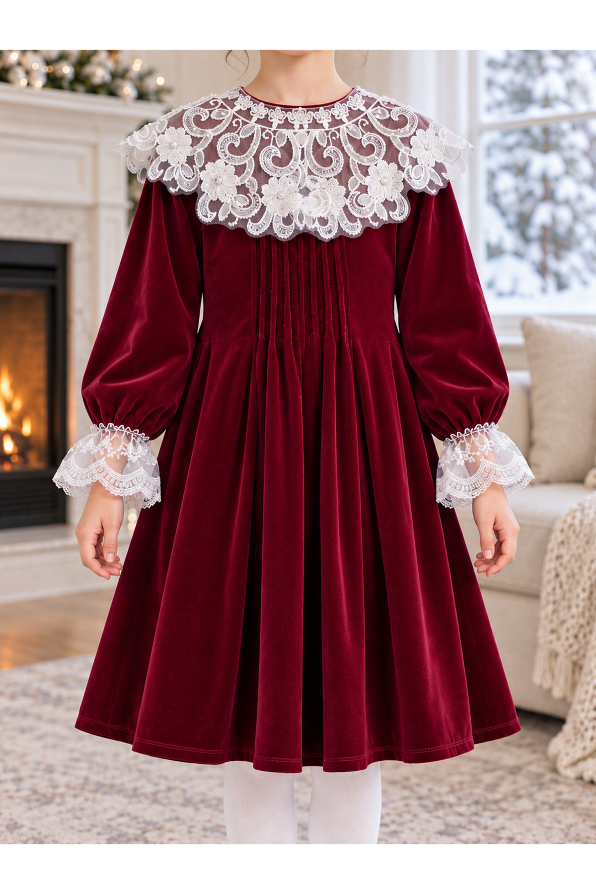 Girls' Winter Dress Burgundy Velvet White Lace Collar Embroidered Long-Sleeved Dress