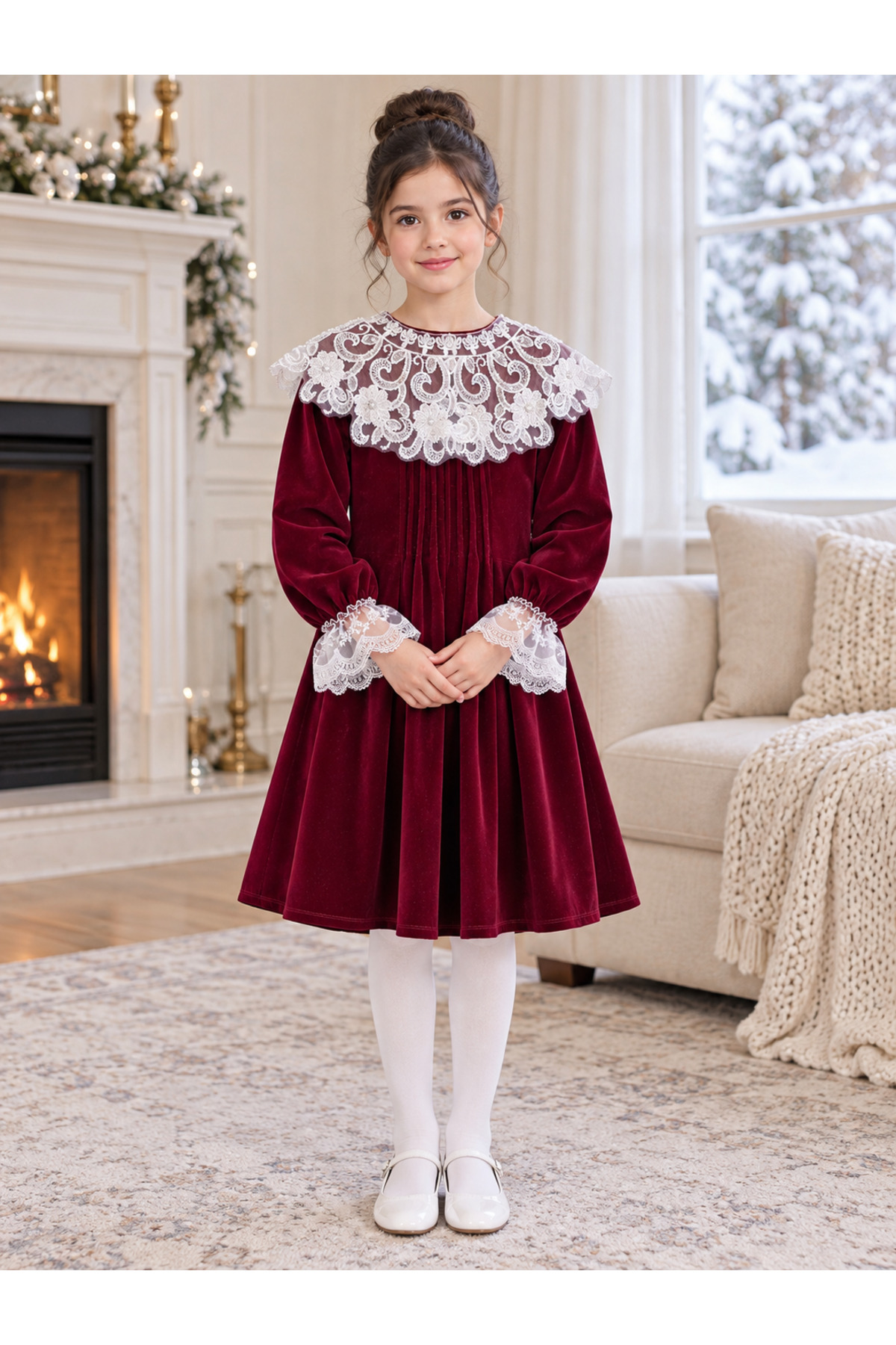 Girls' Winter Dress Burgundy Velvet White Lace Collar Embroidered Long-Sleeved Dress