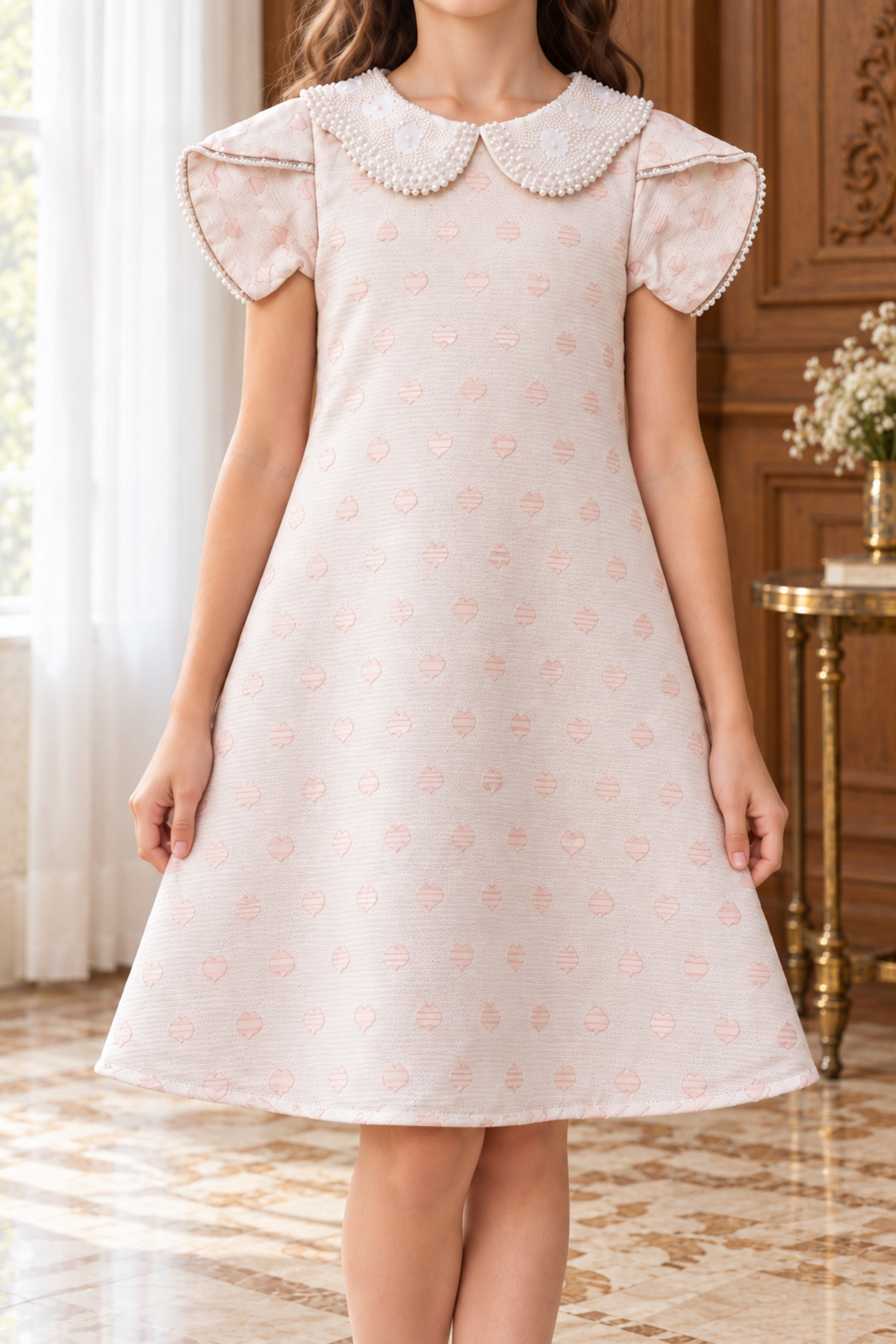 Girls Dress with Pink Heart Pattern, Pearl Decorated Collar and Short Petal Sleeves