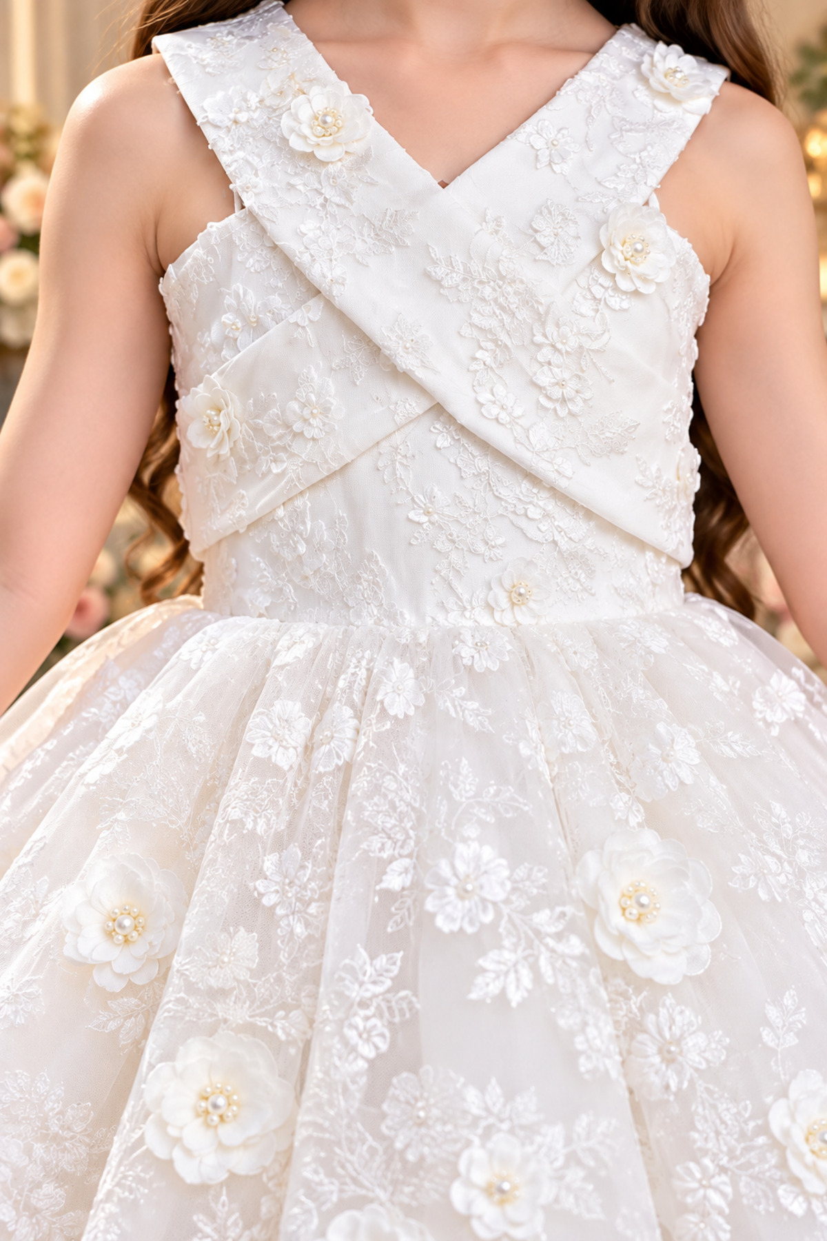 Luxury Girls' Dress for Occasions with Lace and 3D Flowers with a Bow at the Back