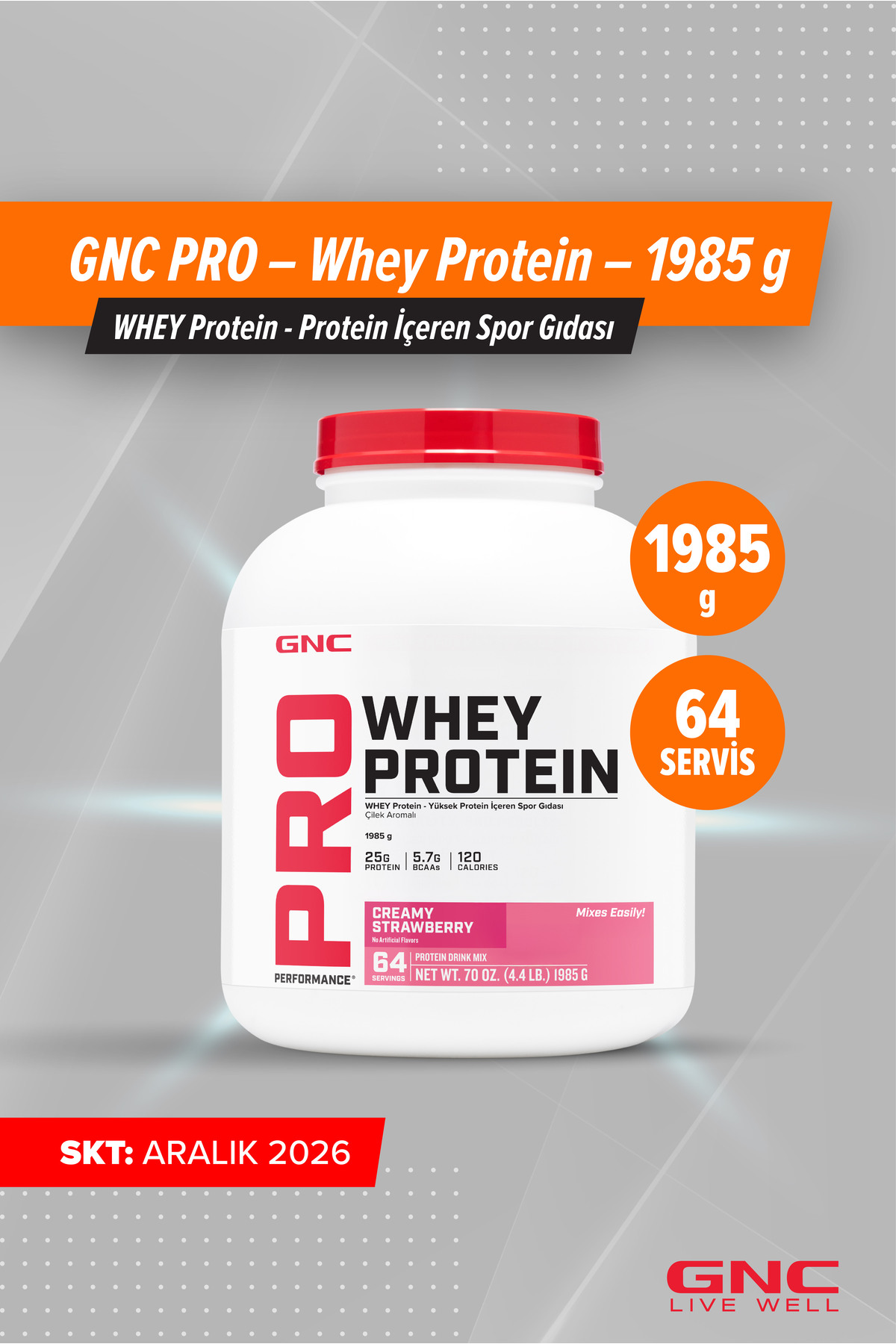 GNC PRO – Whey Protein – 1985 g (64 servis) - Çilek Aromalı