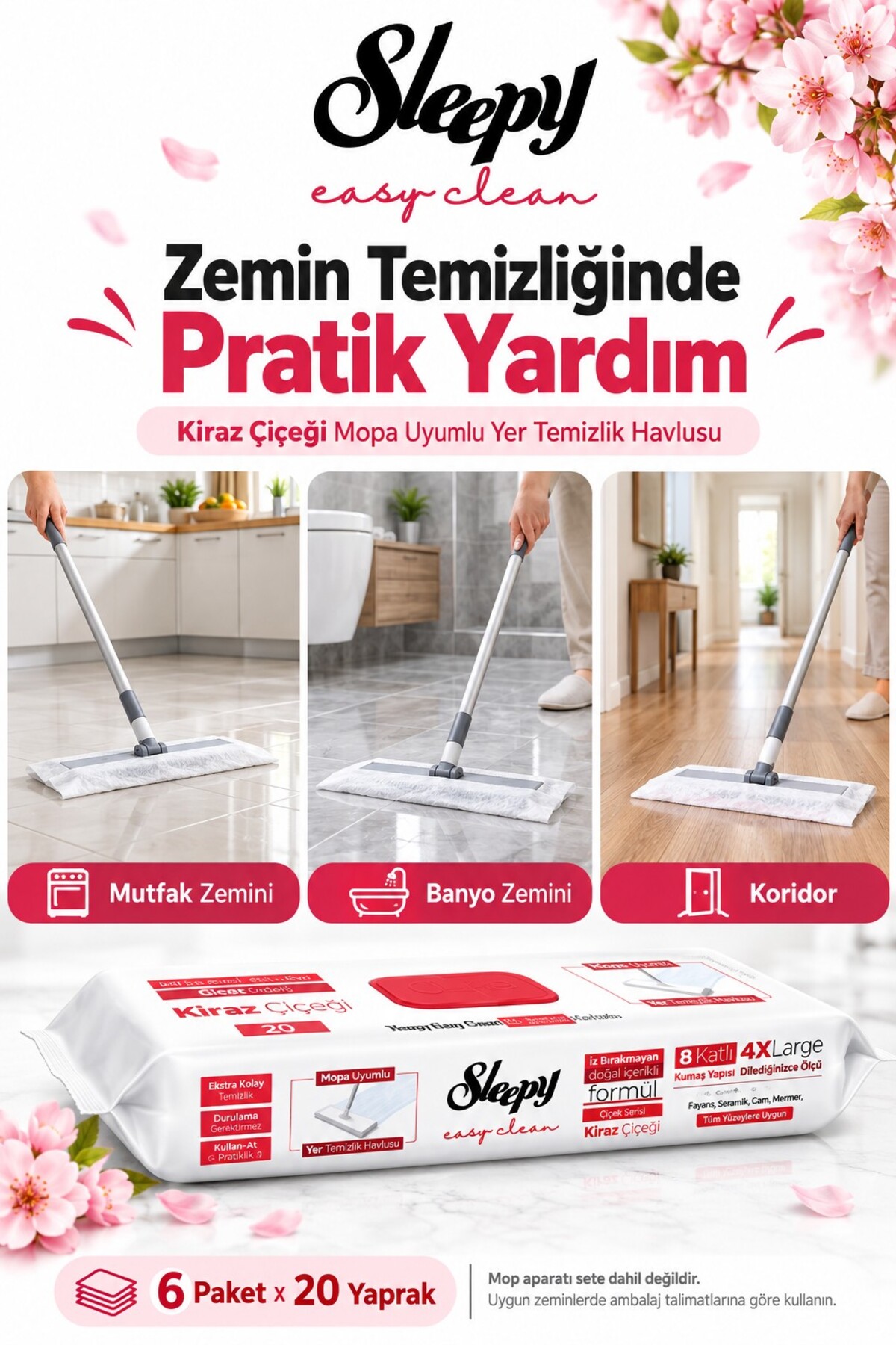 ست ۶ عددی حوله زمین مایکرو فیبر Easy Clean مدل Kiraz Çiçeği با ۲۰ برگ - همراه با عطر اتاق Rosie
