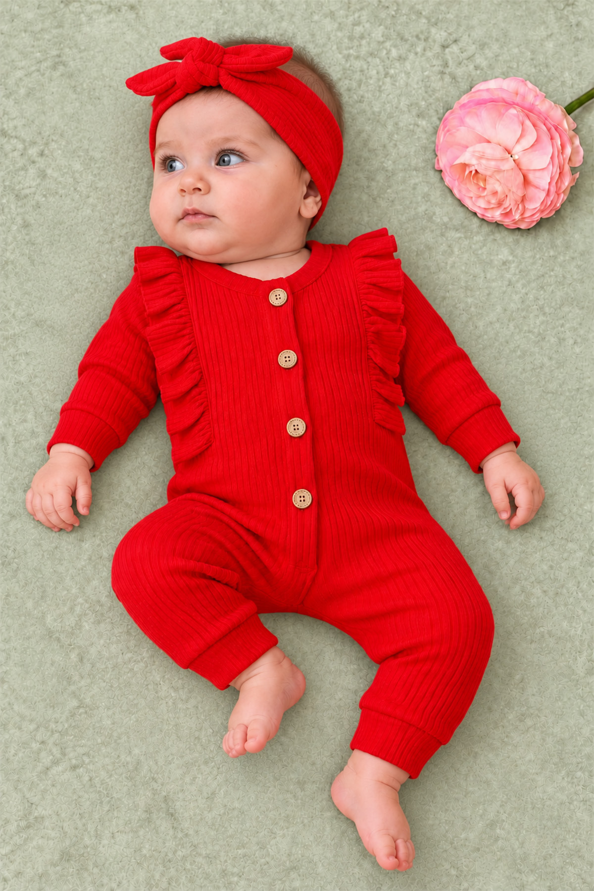 Rocha Baby Fırfır Detaylı Ahşap Düğmeli Fitilli Bebek Tulum ve Saç Bandı Takımı