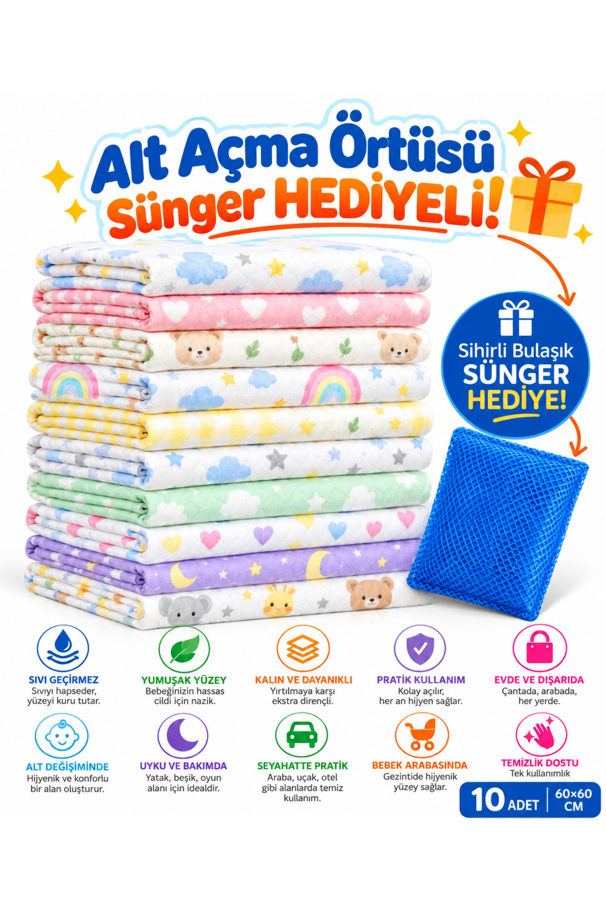 Naturashine Pofuduk alt açma örtüsü 5+5 10 adet 60*60 cm kolay kullanım (sünger hediyeli)