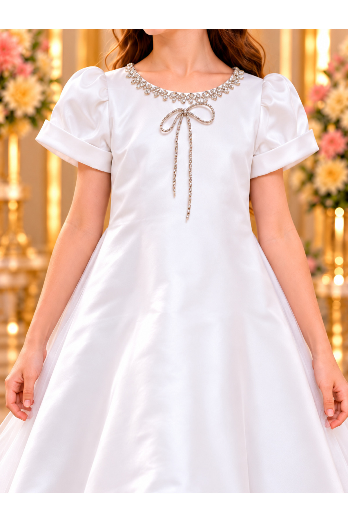Girls' White Satin and Tulle Occasion Dress with Fluffy Sleeves and Back Bow