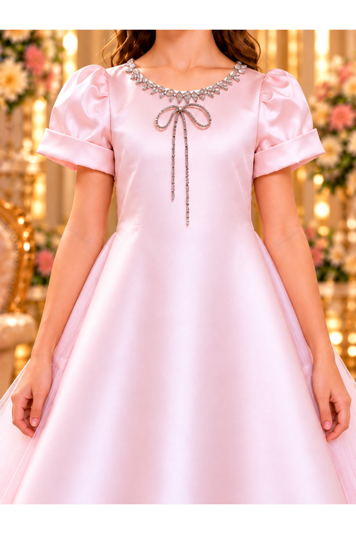 Girl's Light Pink Occasion Dress with Tulle Detail and Back Bow and Embellished Collar
