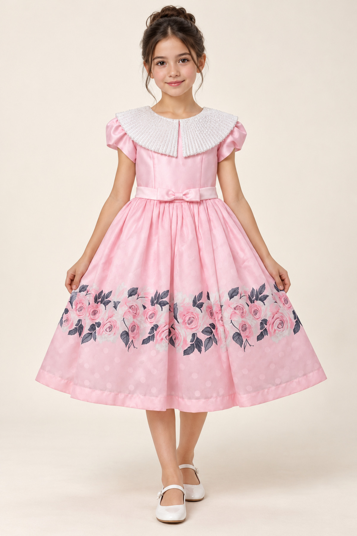 Girls' Pink Rose Print White Sequined Collar Occasion Dress