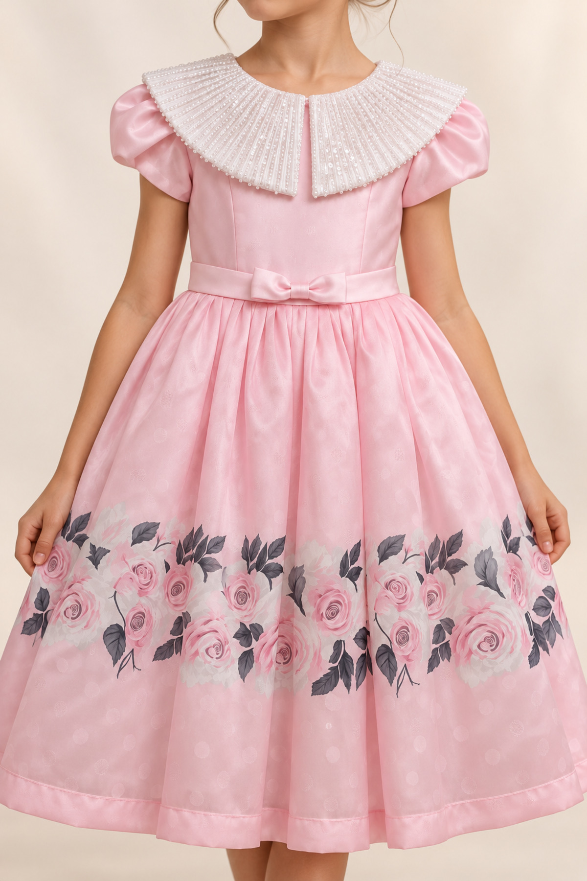 Girls' Pink Rose Print White Sequined Collar Occasion Dress
