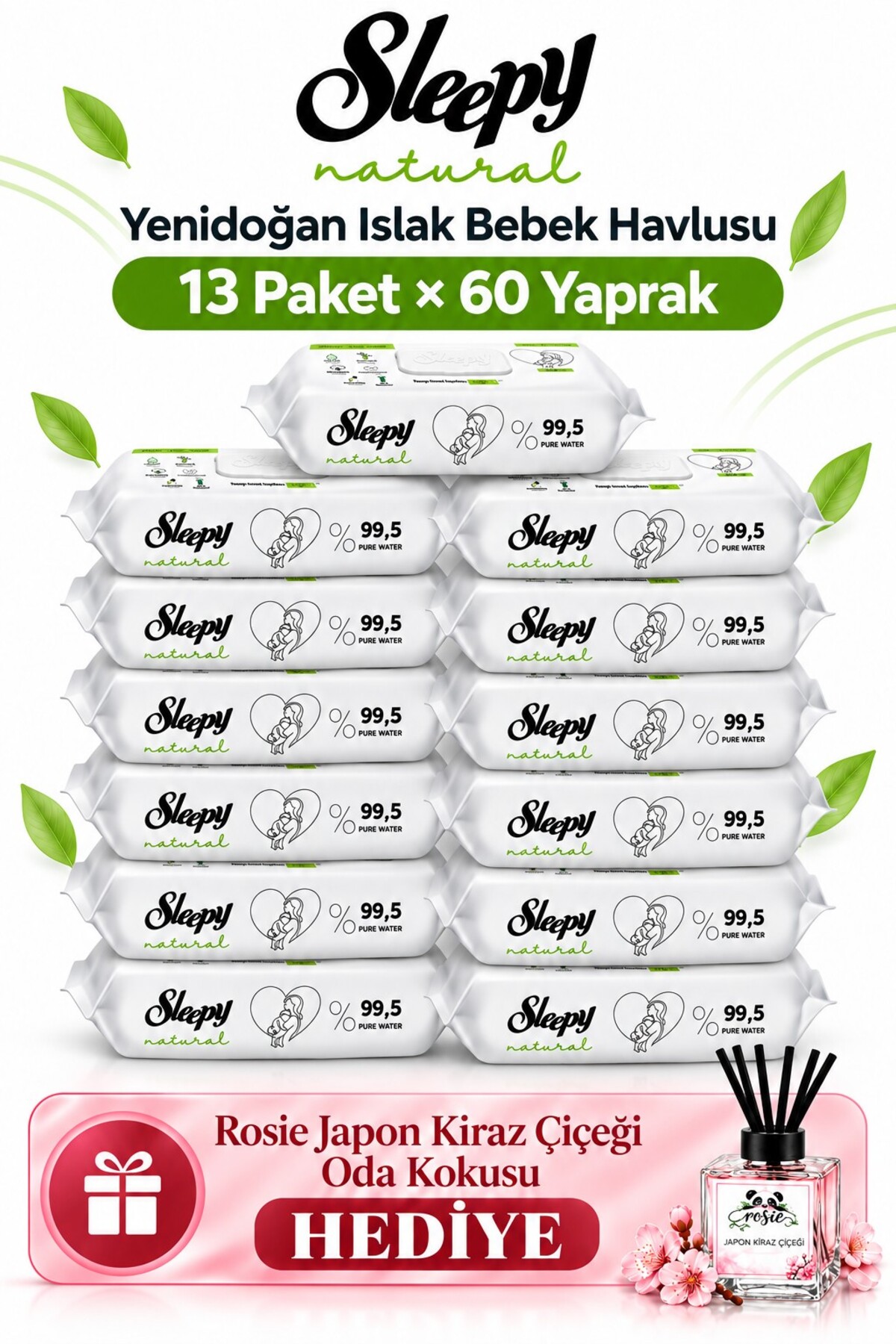 Sleepy Natural Yenidoğan Islak Bebek Havlusu 13 lü Mega Set 60 Yaprak - Rosie Oda Kokusu Hediyeli