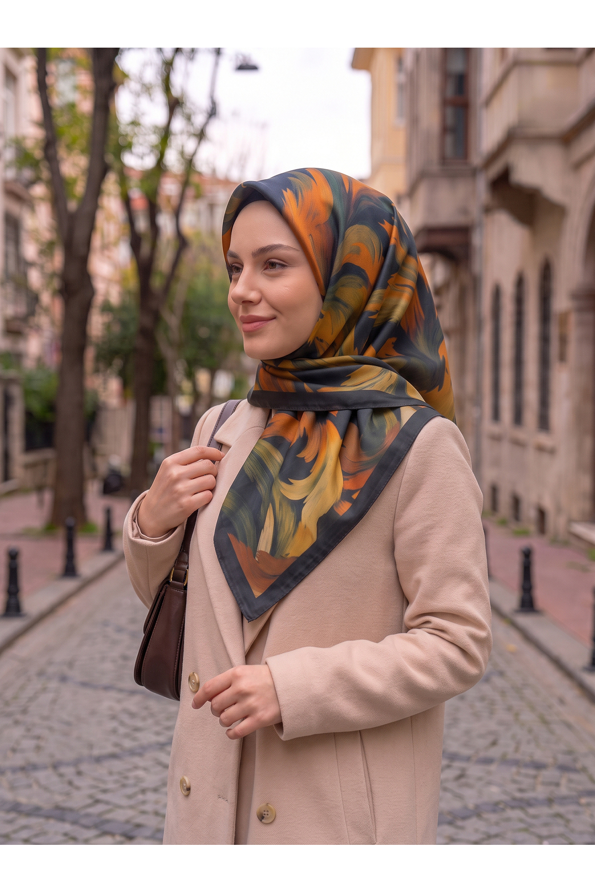 Siyah Turuncu Desenli Soft Eşarp