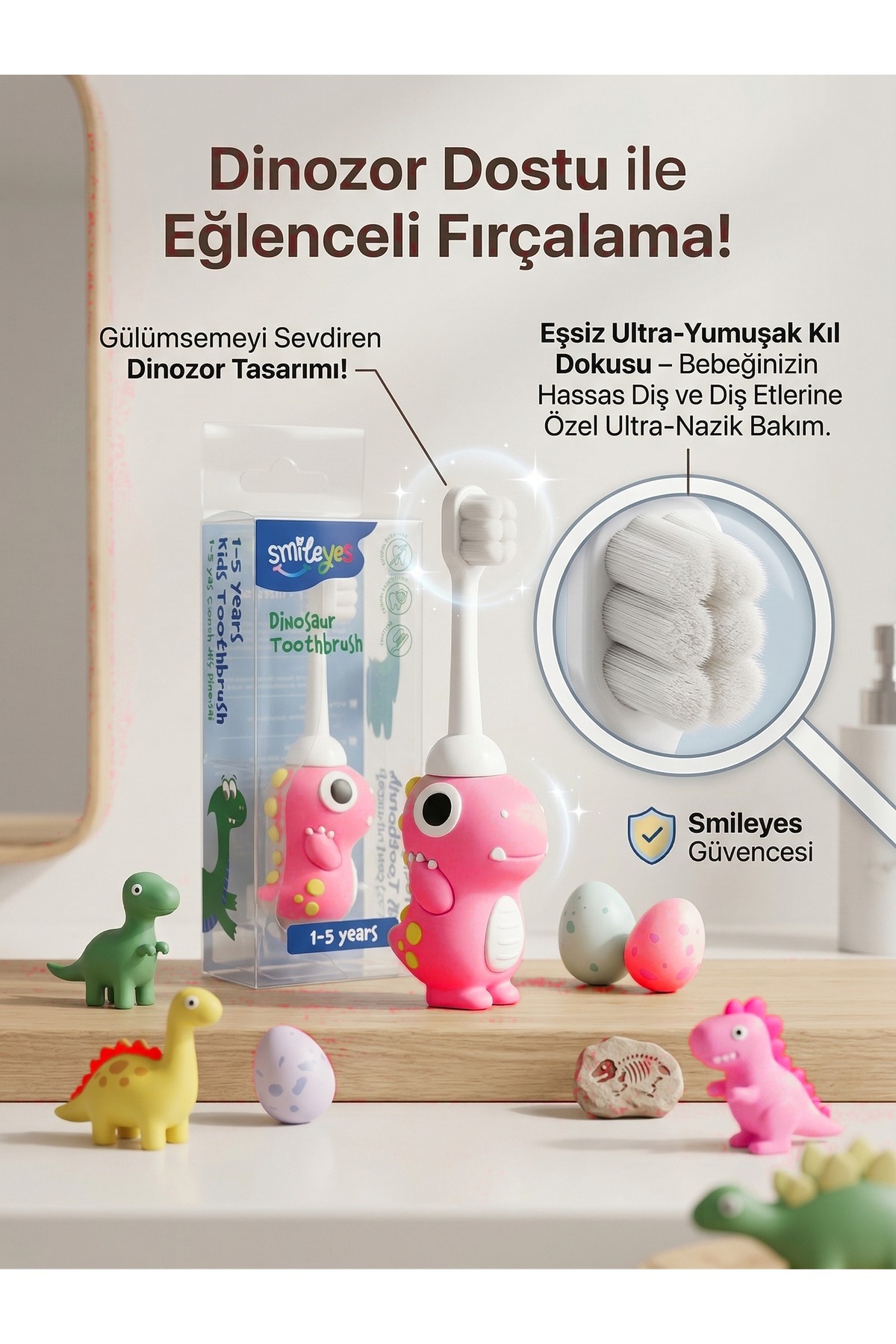 Smile yes 1-5 Yaş Ultra Soft Çocuk Diş Fırçası Dinozor Serisi Pembe
