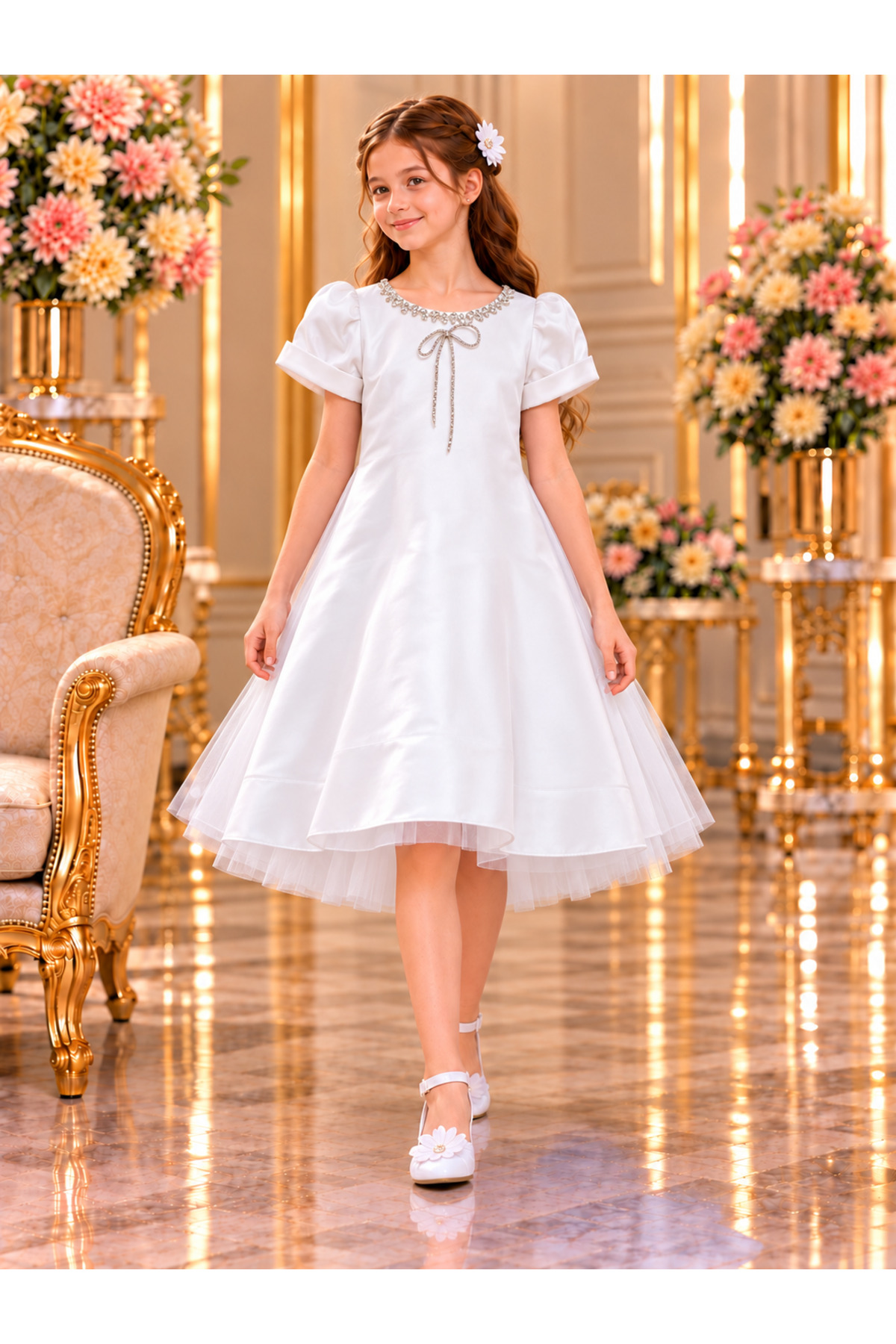 Girls' White Satin and Tulle Occasion Dress with Fluffy Sleeves and Back Bow