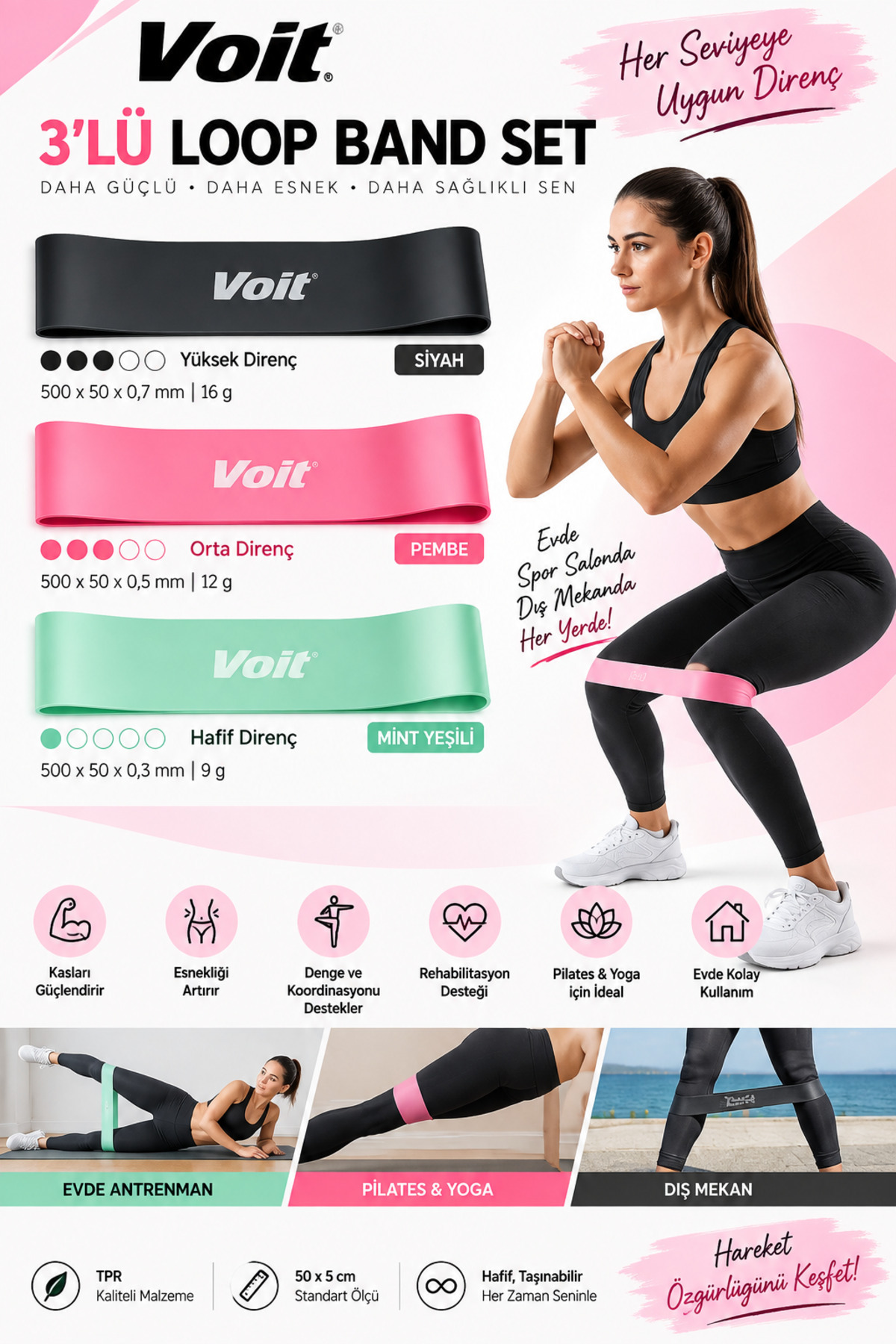 Voit 3’lü Loop Direnç Bandı Seti Pilates ve Fitness Egzersiz Lastiği