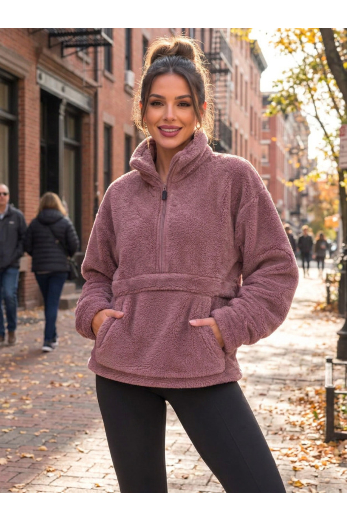 Kadın Yarım Fermuarlı Kanguru Cepli Peluş Wellsoft Sweatshirt