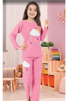 Kız Çocuk Bulut-gunes Baskılı Pembe Renk Alt-ust Kışlık Pijama Takımı WGK-0086