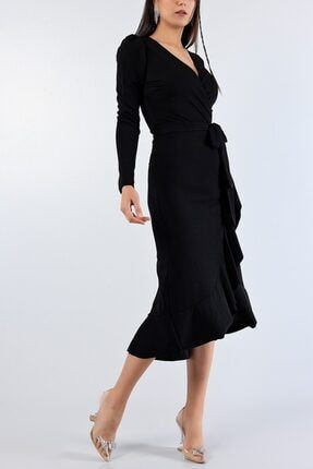 Kadın Siyah Esnek Krep Kumaş Kruvaze Yaka Volan Ve Kuşak Detaylı Uzun Kollu Abiye Elbise 101 AKS-EMR-101