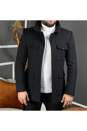 Italyan Stil Erkek Trençkot Kışlık Kaşe Kaban Cepli Kemerli Siyah 123456