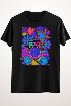Erkek Siyah Peace And Love Flowers And Stars Hippie Design Classic T-shirt GR2185