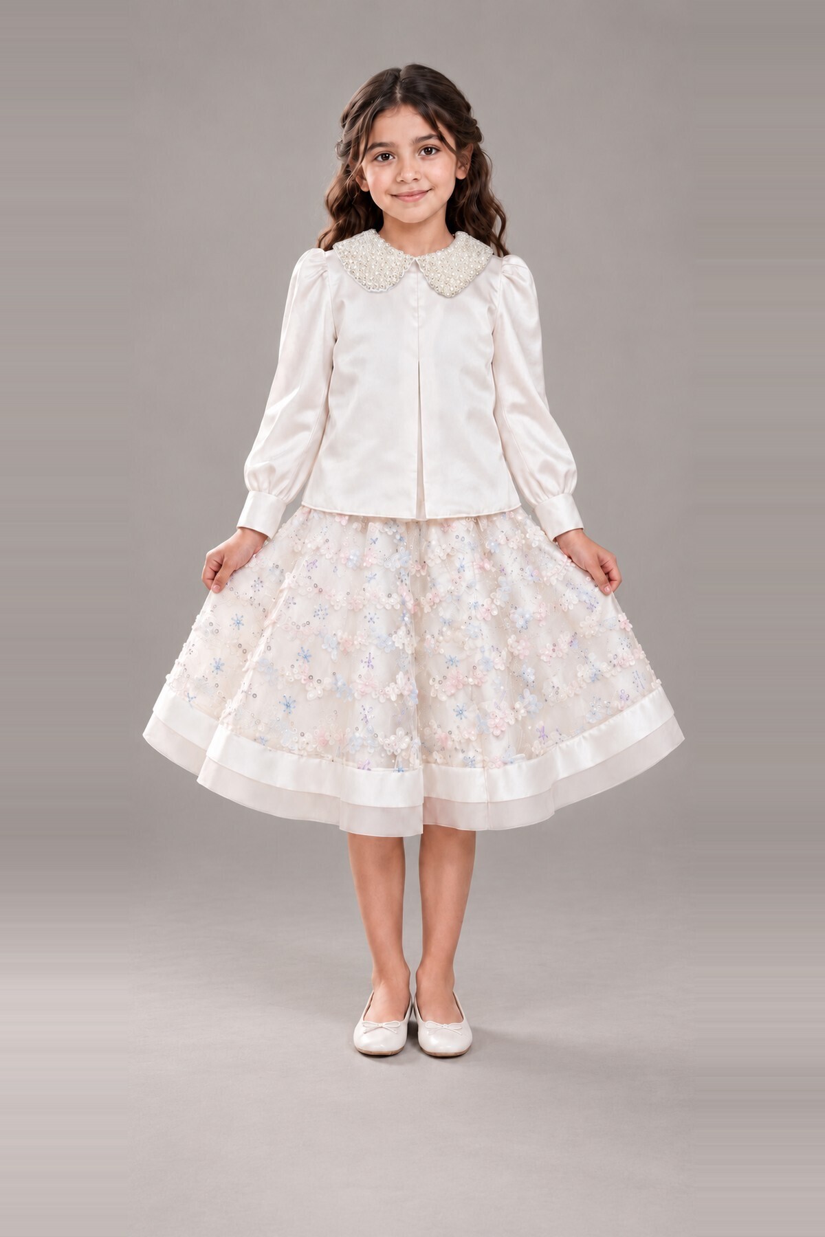 Girls' Blouse & Skirt Set for Special Occasions with Pearl Collar & Floral Embroidery - 2-Piece Set