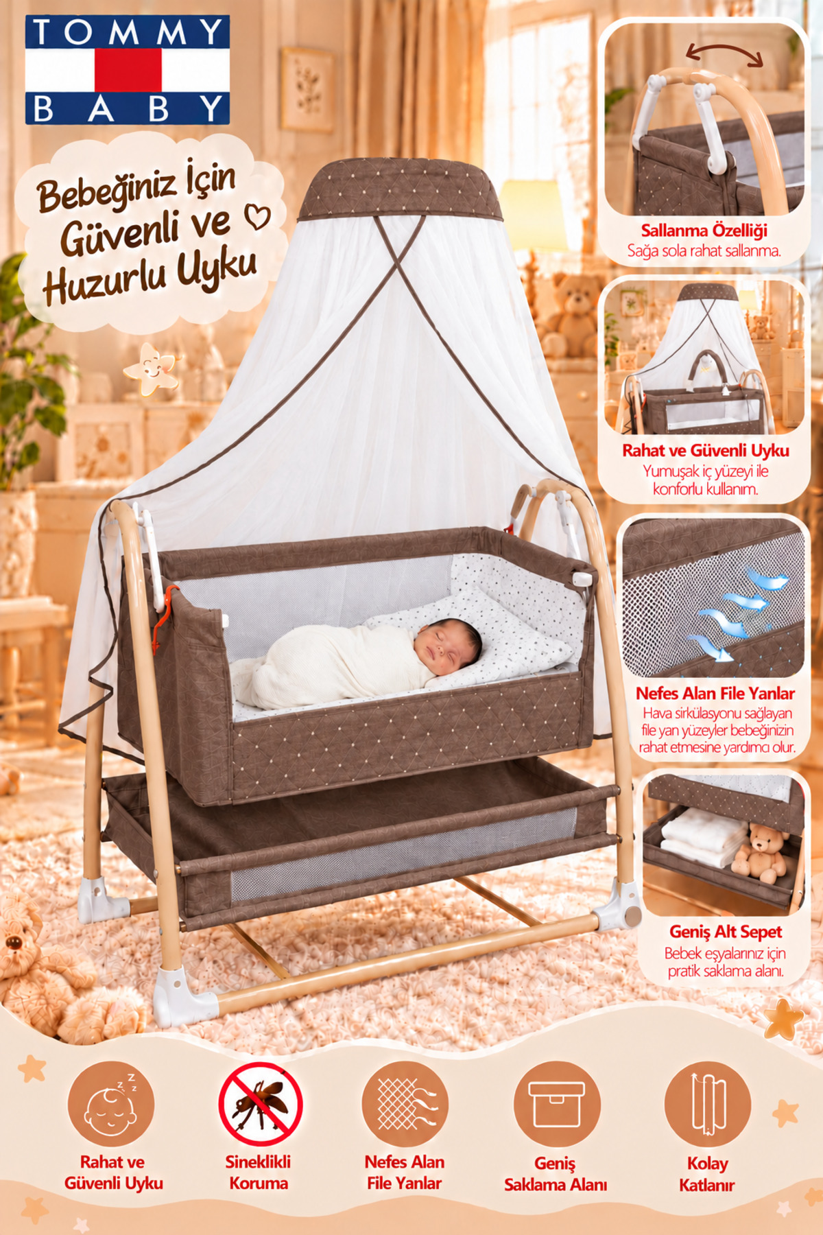 Tommybaby Royal Anne Yanı Beşik Tüllü Sepet Beşik Sallanabilir Bebek Beşiği Anne Yanı Beşik