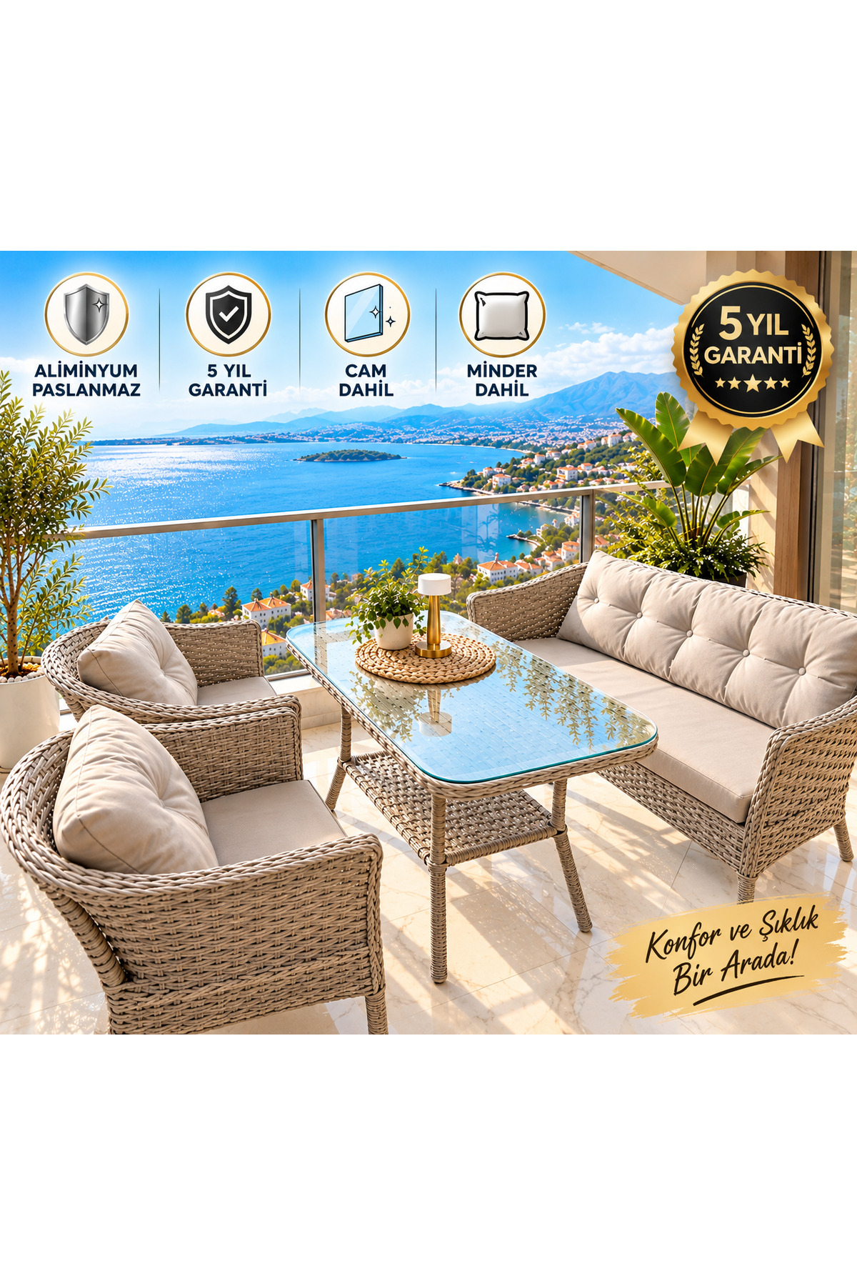 SERCANGARDEN MİNİCO TAM ÖRGÜ MODEL ALİMİNYUM İSKELETTİR (GALVANİZ DEĞİLDİR) BAMBU RATTAN Bahçe Balkon Takımı
