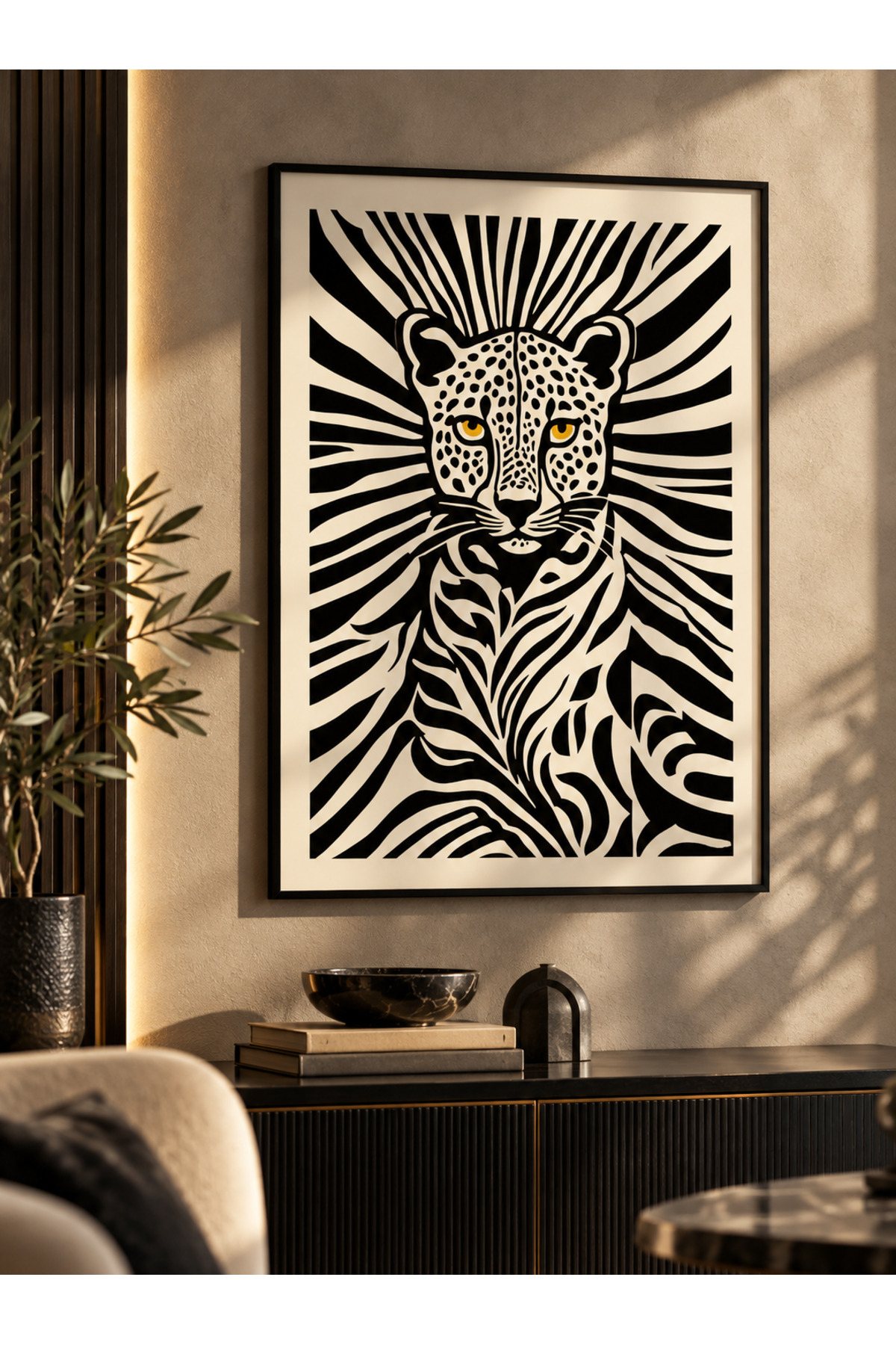 Siyah Beyaz Leopar Desenli Çerçevesiz MDF Tablo – Modern Minimalist Hayvan Figürlü Dekoratif Duvar Tablosu, Salon ve Ofis Dekorasyonu