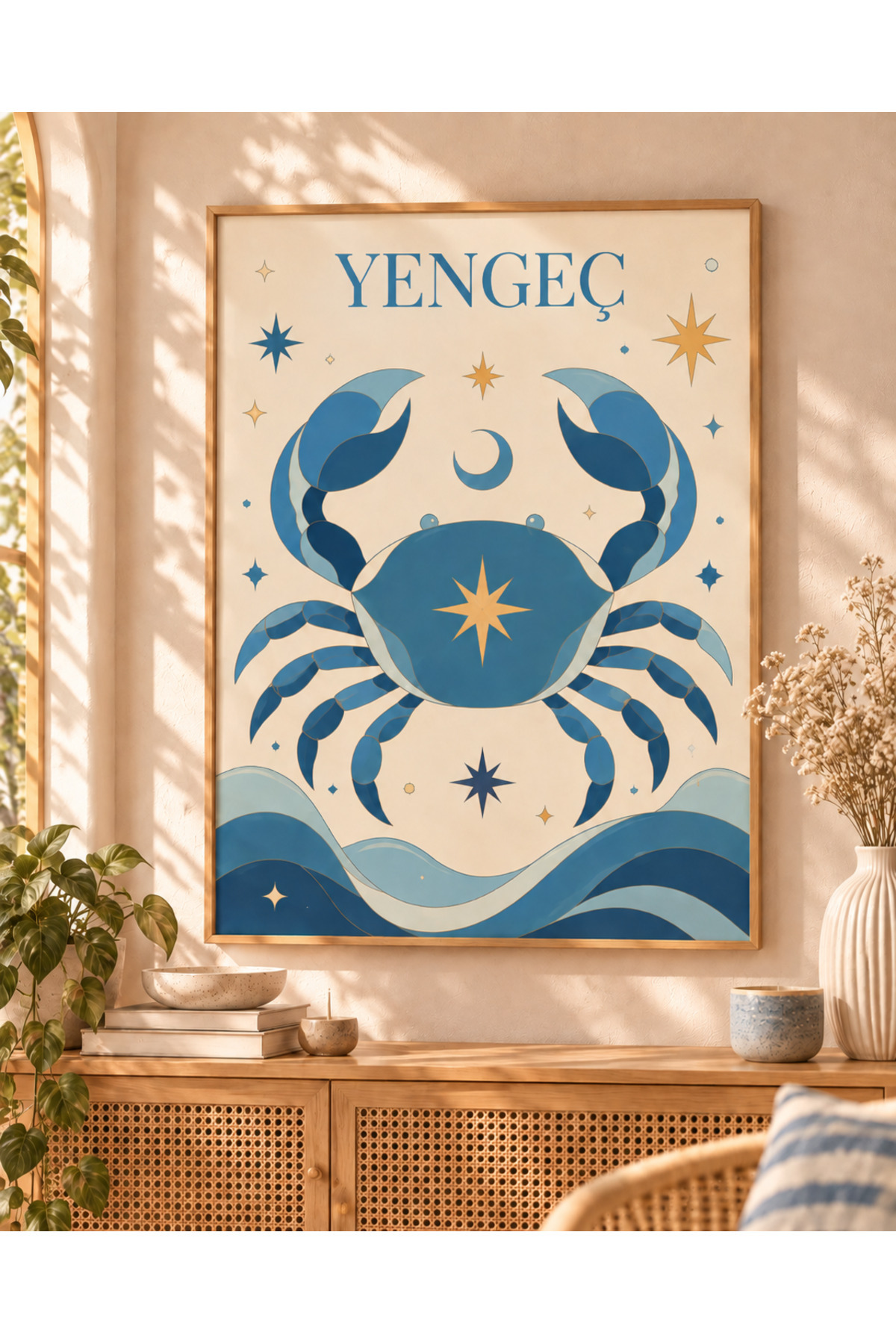 Yengeç Burcu Çerçevesiz MDF Tablo – Mavi Tonlarda Modern Astroloji Temalı Dekoratif Duvar Tablosu, Minimalist Bohem Salon ve Yatak Odası Dekorasyonu