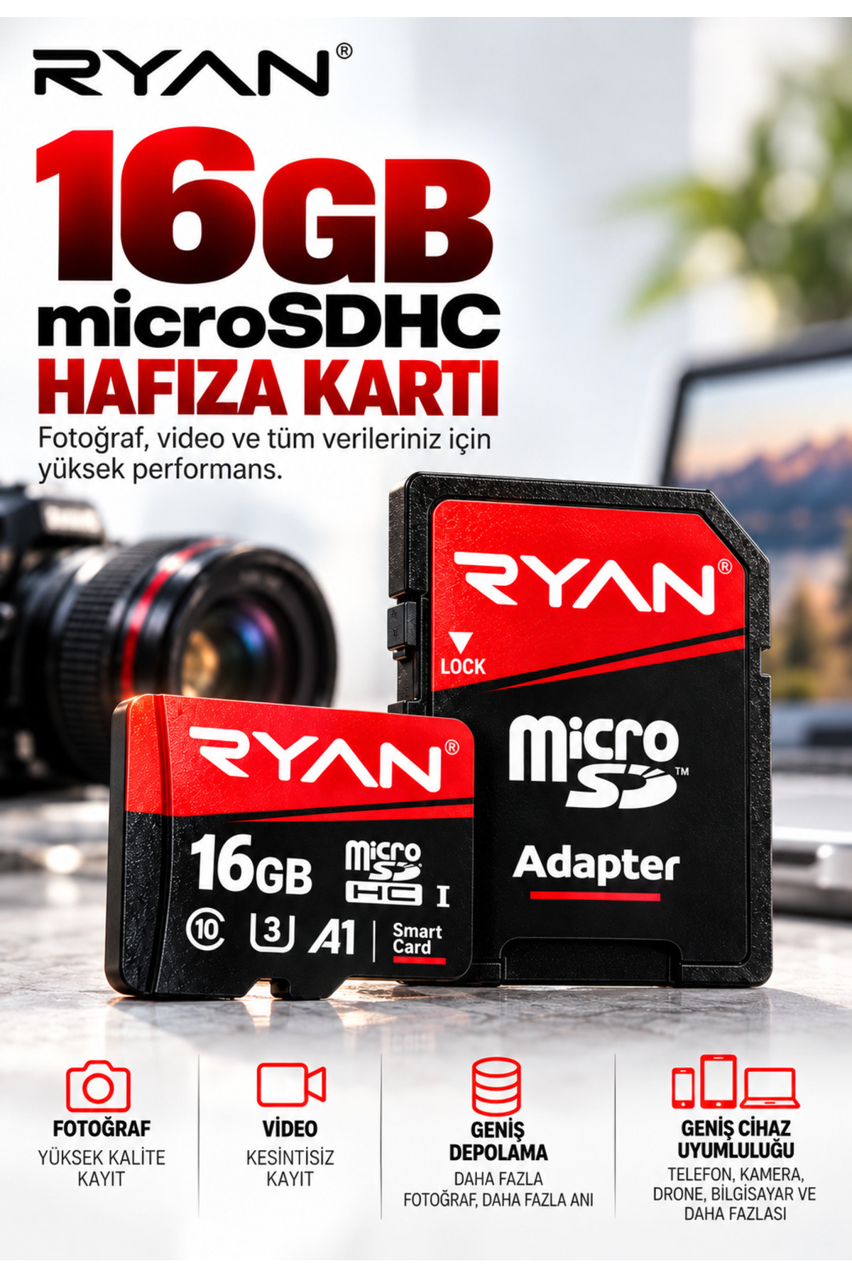 Ryan Technology 16GB Micro Sd Hafıza Kartı Telefon Retro Güvenlik Kamerası Destekli