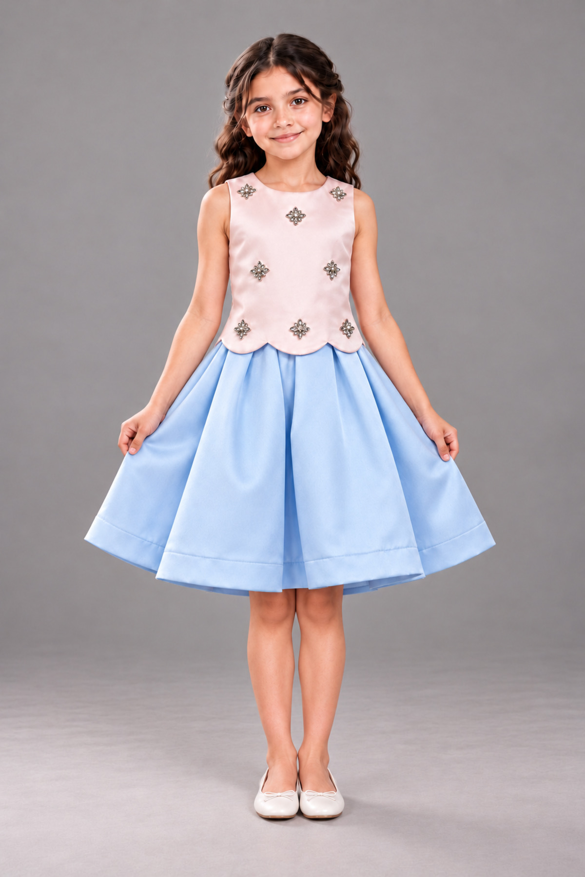 Girls' Set 2-Piece Pink Crystal Decorated Top & Sky Blue Pleated Skirt Set for Parties