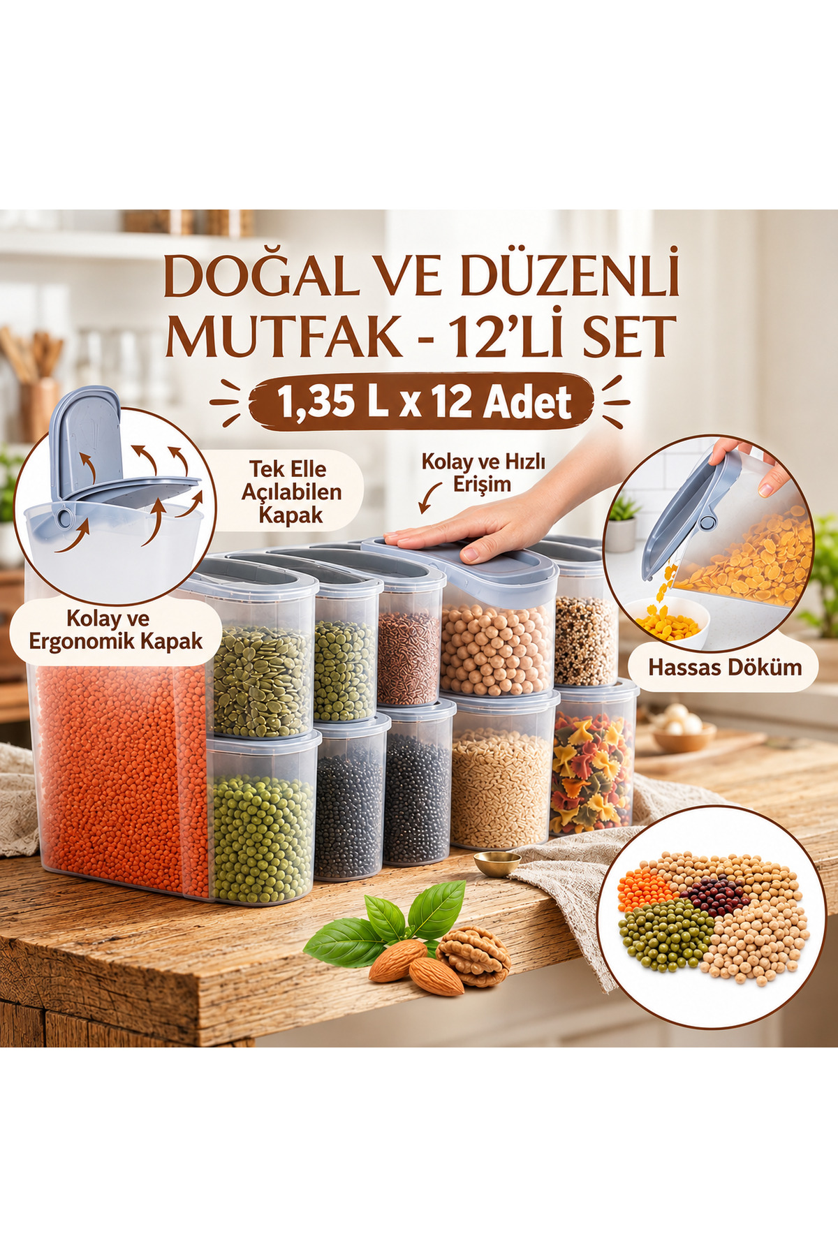 Kuru Gıda Saklama Kabı 1,35 L Bakliyat ve Erzak Kabı 12' li Set