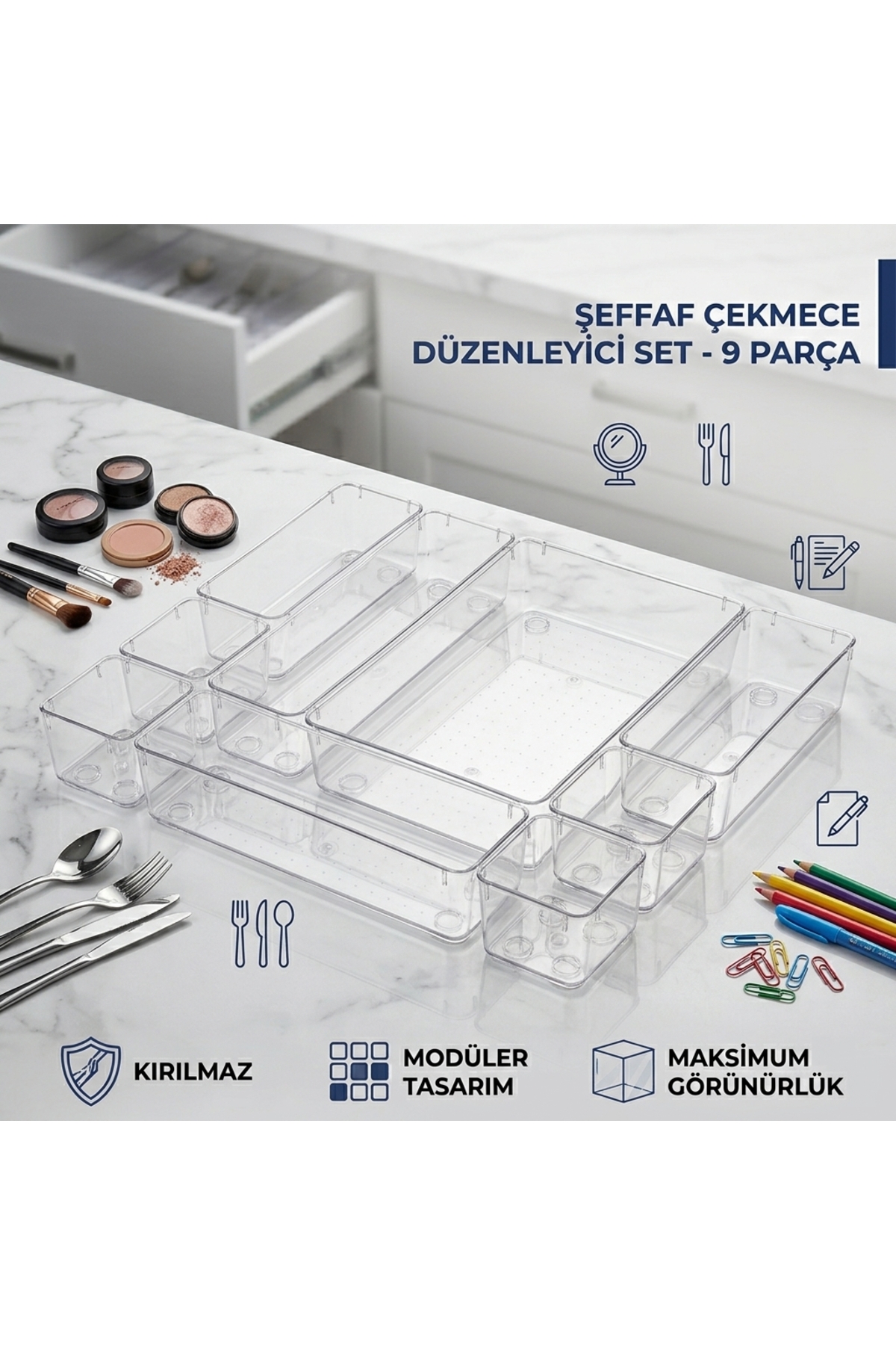 PET Şeffaf Bölmeli Düzenleyici Organizer 9 Parça