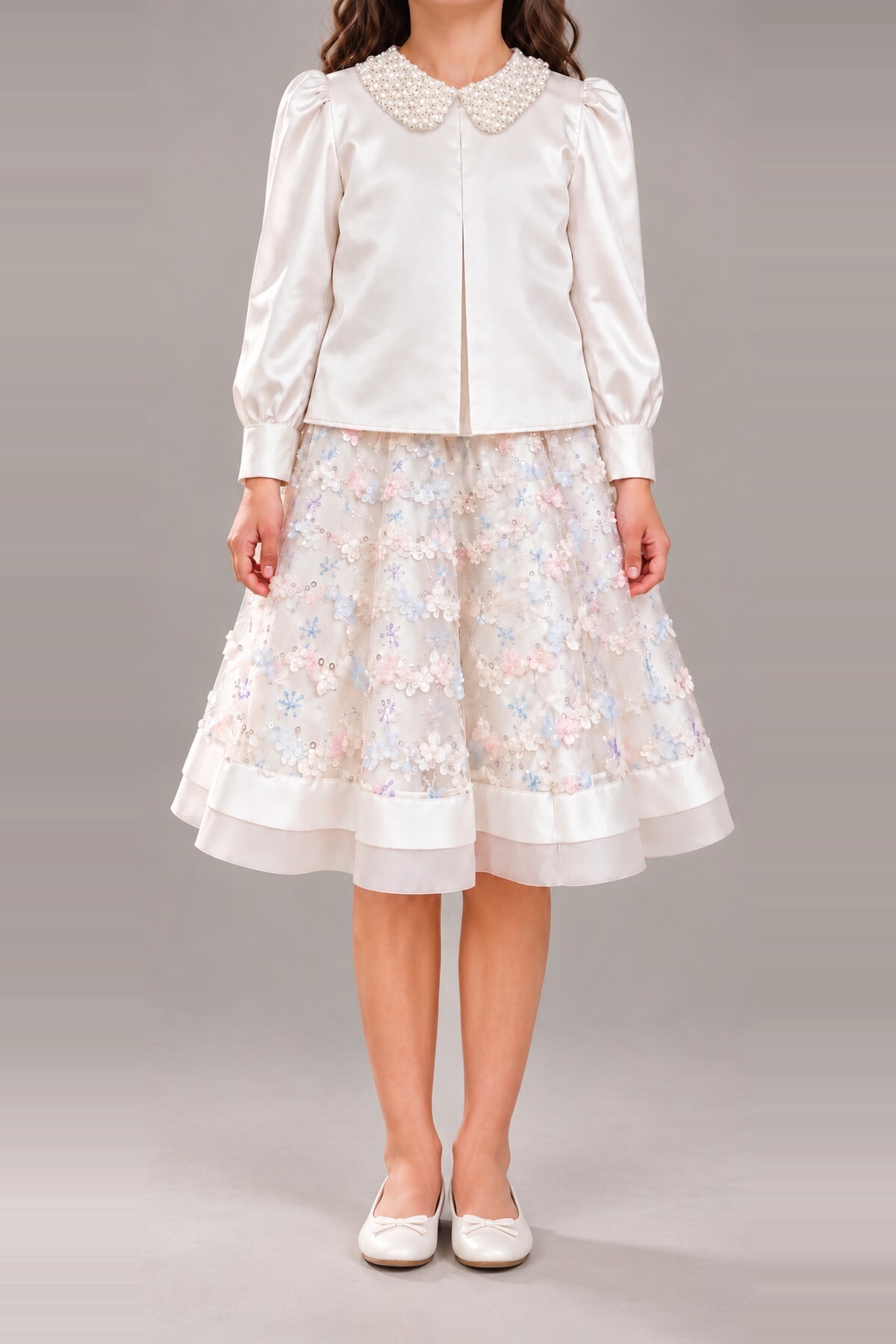 Girls' Blouse & Skirt Set for Special Occasions with Pearl Collar & Floral Embroidery - 2-Piece Set