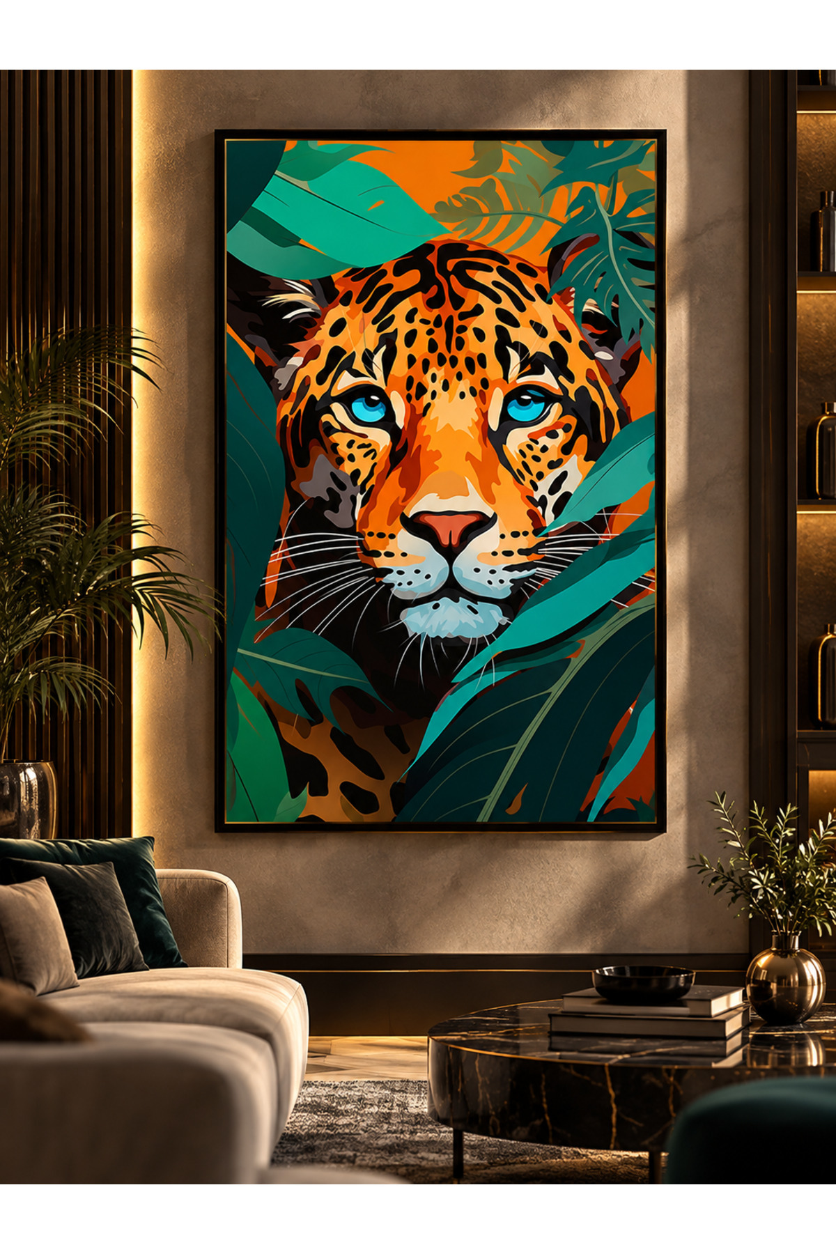 Tropikal Leopar Desenli Çerçevesiz MDF Tablo – Modern Soyut Hayvan Figürlü Dekoratif Duvar Tablosu, Salon ve Ofis Dekorasyonu