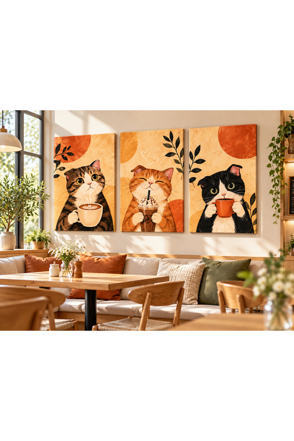 3 Parça Sevimli Kedi ve Kahve Temalı Çerçevesiz MDF Tablo Seti – Dekoratif Duvar Tablosu, Mutfak, Kafe ve Coffee Shop Dekorasyonu