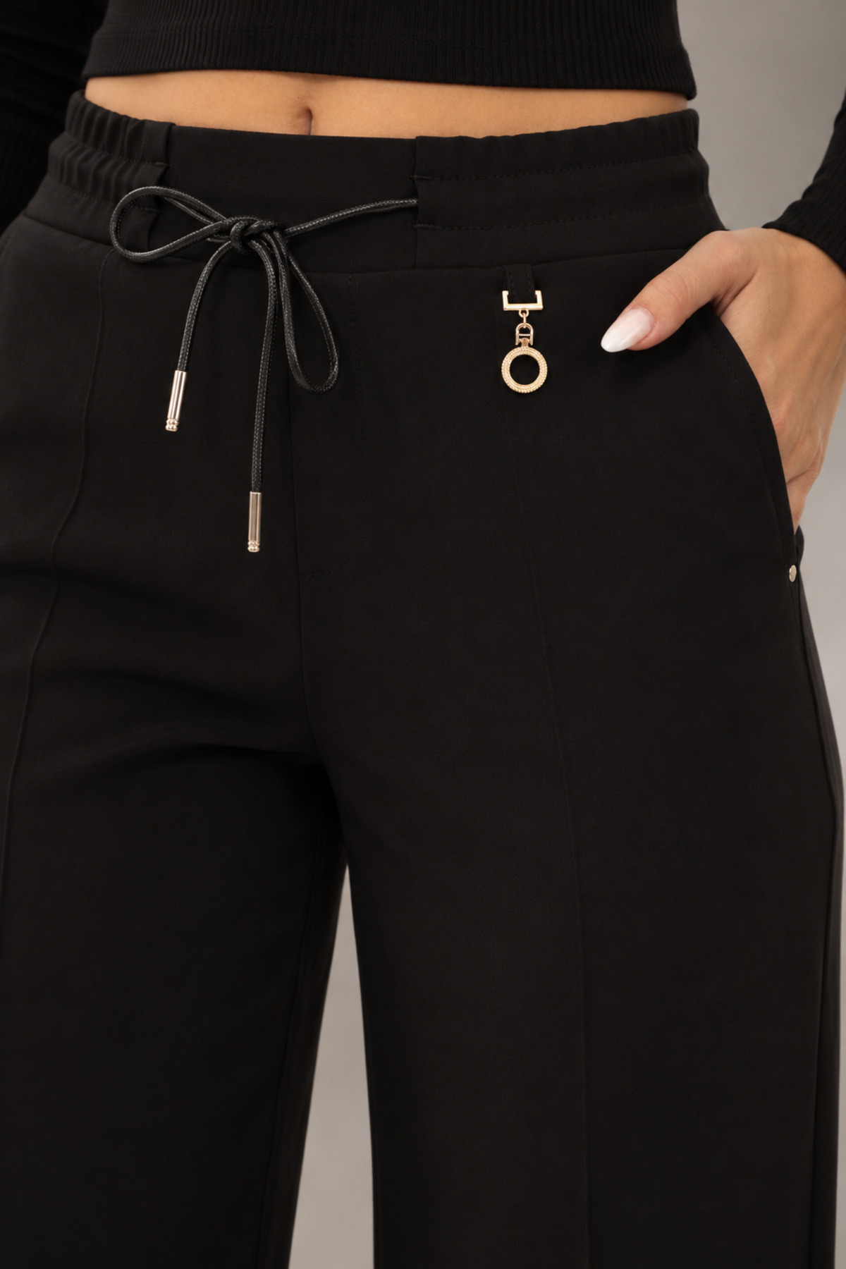 Aksesuar Detaylı Beli Lastikli Bol Paça Pantolon - Görsel 4