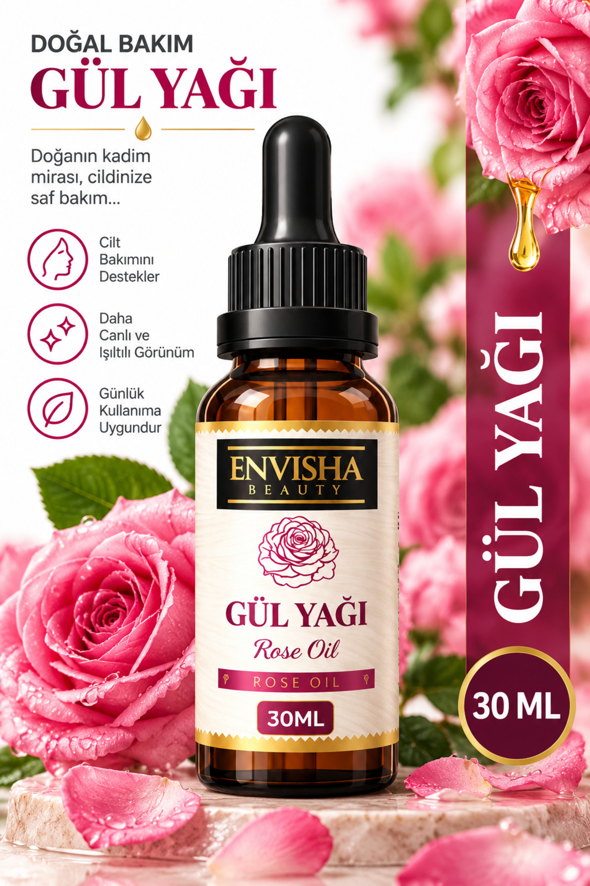 Envisha Beauty %100 Aromatik Cilt Yenileyici & Nemlendirici Gül Yağı - 30 ML