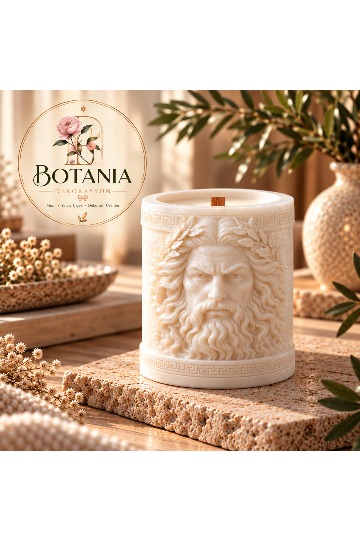 Botania Zeus Büstü Dekoratif Mum – 8x8 cm – Ahşap Fitilli, Parafin Wax ...