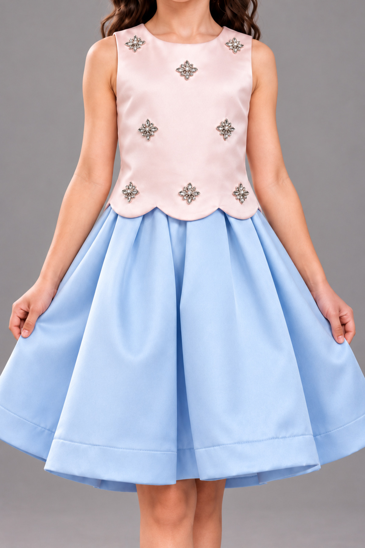 Girls' Set 2-Piece Pink Crystal Decorated Top & Sky Blue Pleated Skirt Set for Parties