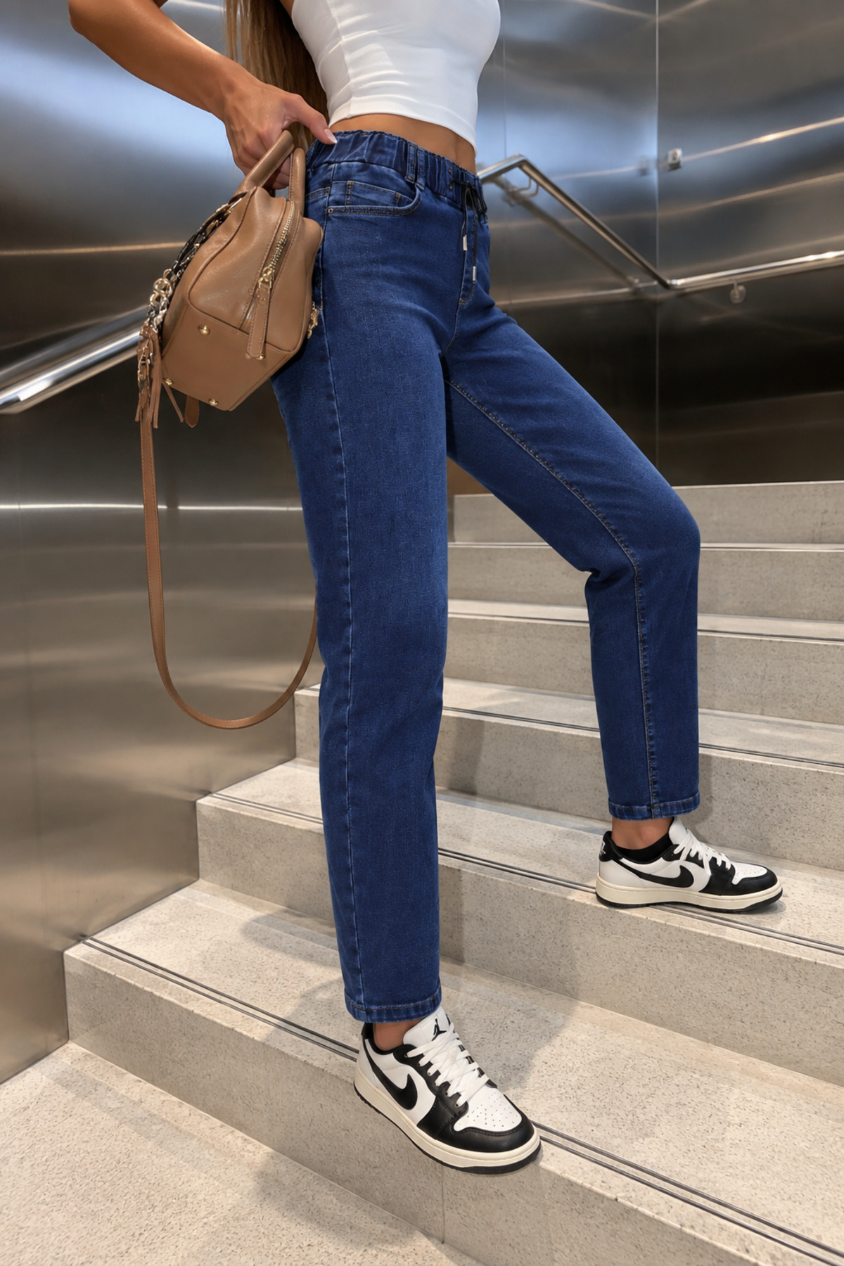 Beli Lastikli Bağcıklı Jean Pantolon - Görsel 5
