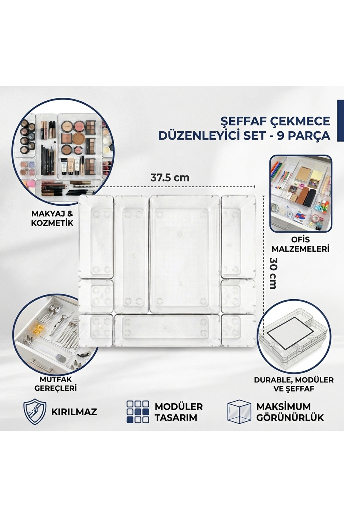 PET Şeffaf Bölmeli Düzenleyici Organizer 9 Parça