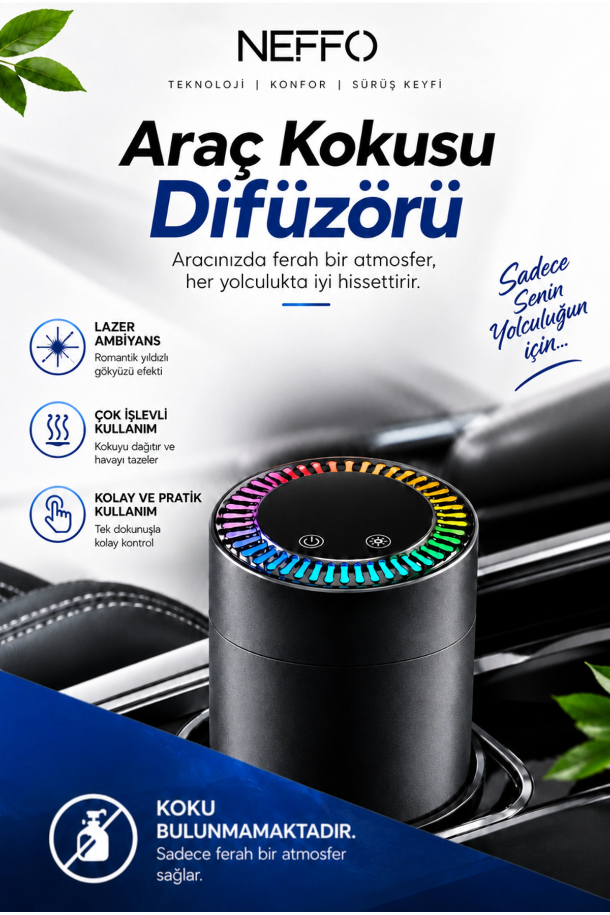 NEFFO Araç İçi Aroma Difüzörü Hava Nemlendirici Rgb Işıklı Şarjlı Oda ve Araba Kokusu Cologne